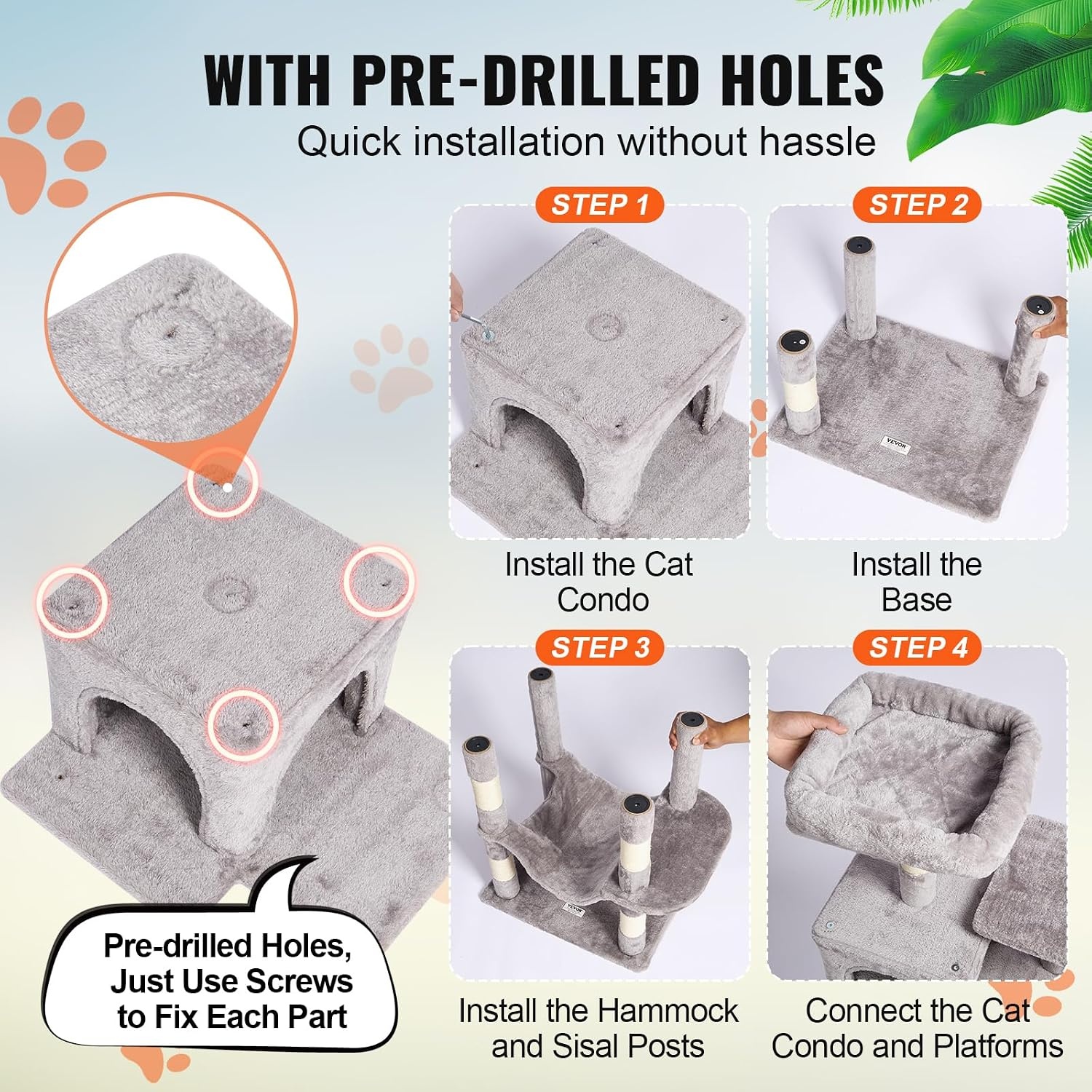 image:imageVEVOR Cat Tree for Indoor Cats 63 Cat Tower with 2 Cat Condos Sisal Scratching Post Hammock Top Perch Jumping Platforms Large Cat Furniture Activity Center with Hang Ball Light GreyLight Grey