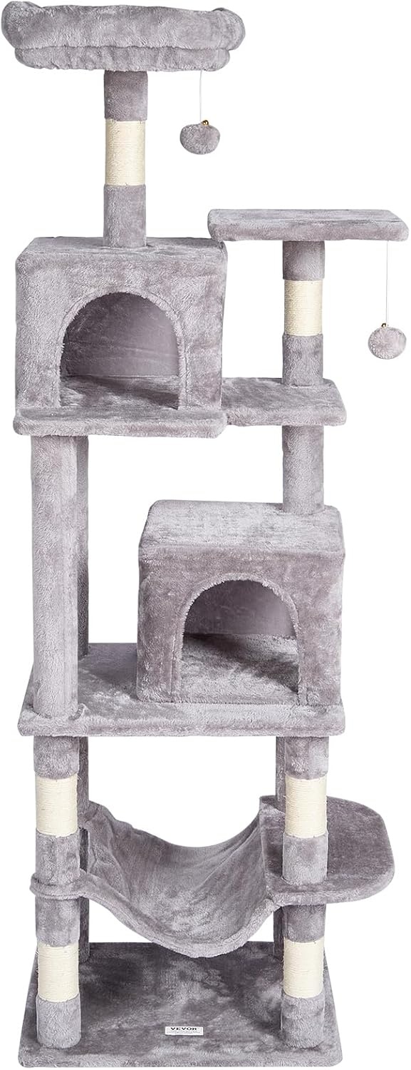 image:imageVEVOR Cat Tree for Indoor Cats 63 Cat Tower with 2 Cat Condos Sisal Scratching Post Hammock Top Perch Jumping Platforms Large Cat Furniture Activity Center with Hang Ball Light GreyLight Grey