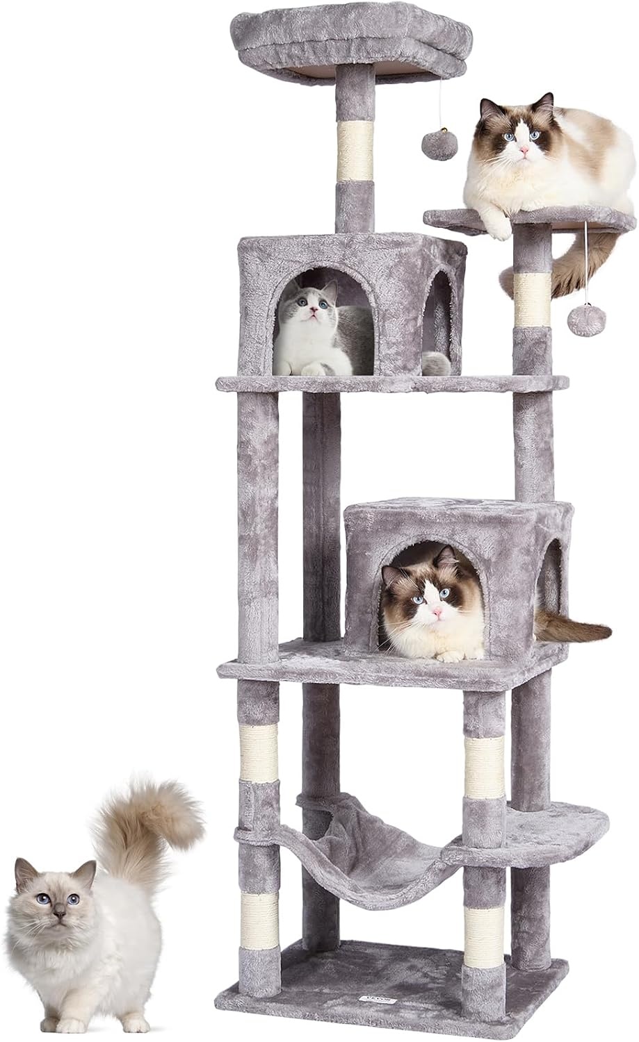 image:imageVEVOR Cat Tree for Indoor Cats 63 Cat Tower with 2 Cat Condos Sisal Scratching Post Hammock Top Perch Jumping Platforms Large Cat Furniture Activity Center with Hang Ball Light GreyLight Grey