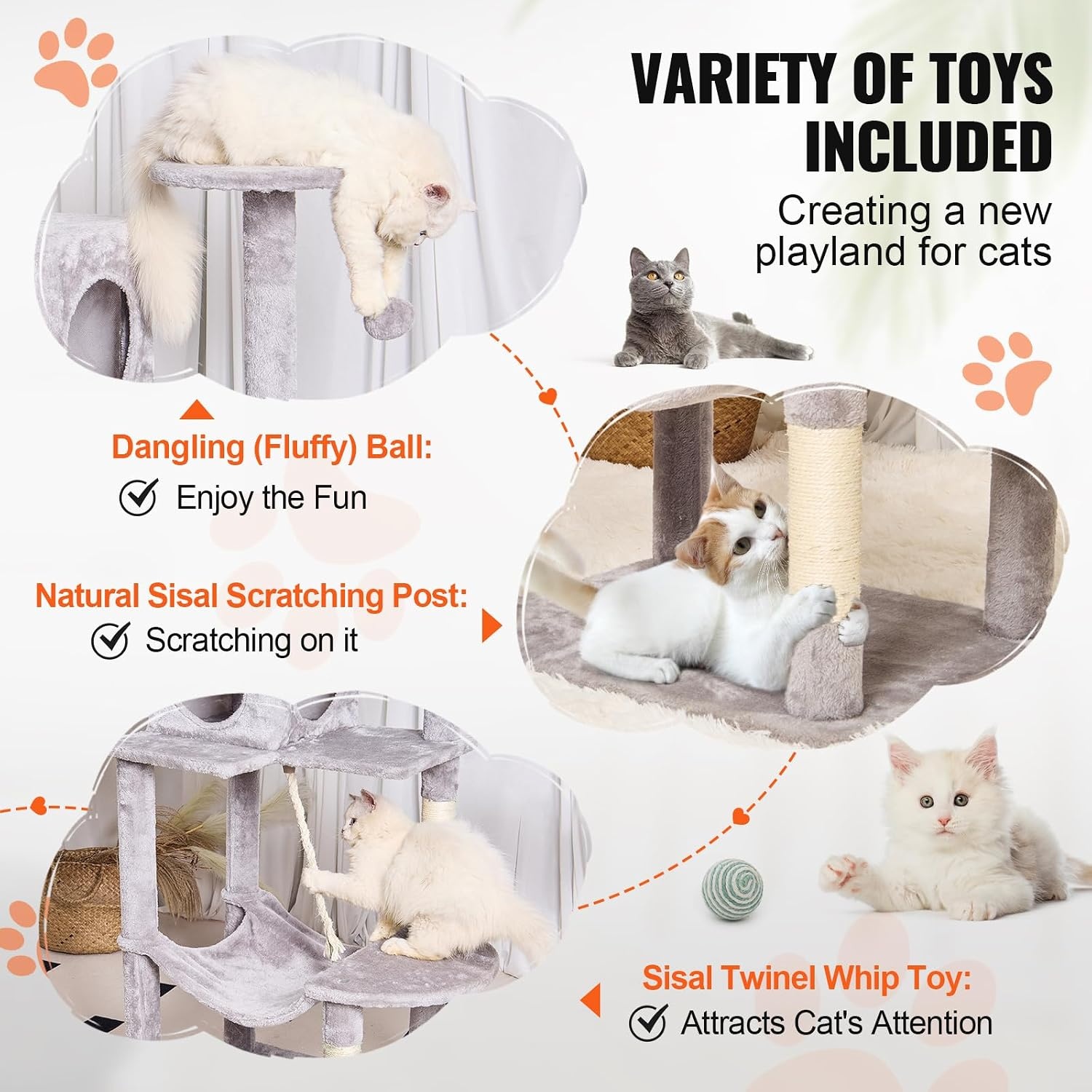 image:imageVEVOR Cat Tree for Indoor Cats 63 Cat Tower with 2 Cat Condos Sisal Scratching Post Hammock Top Perch Jumping Platforms Large Cat Furniture Activity Center with Hang Ball Light GreyLight Grey