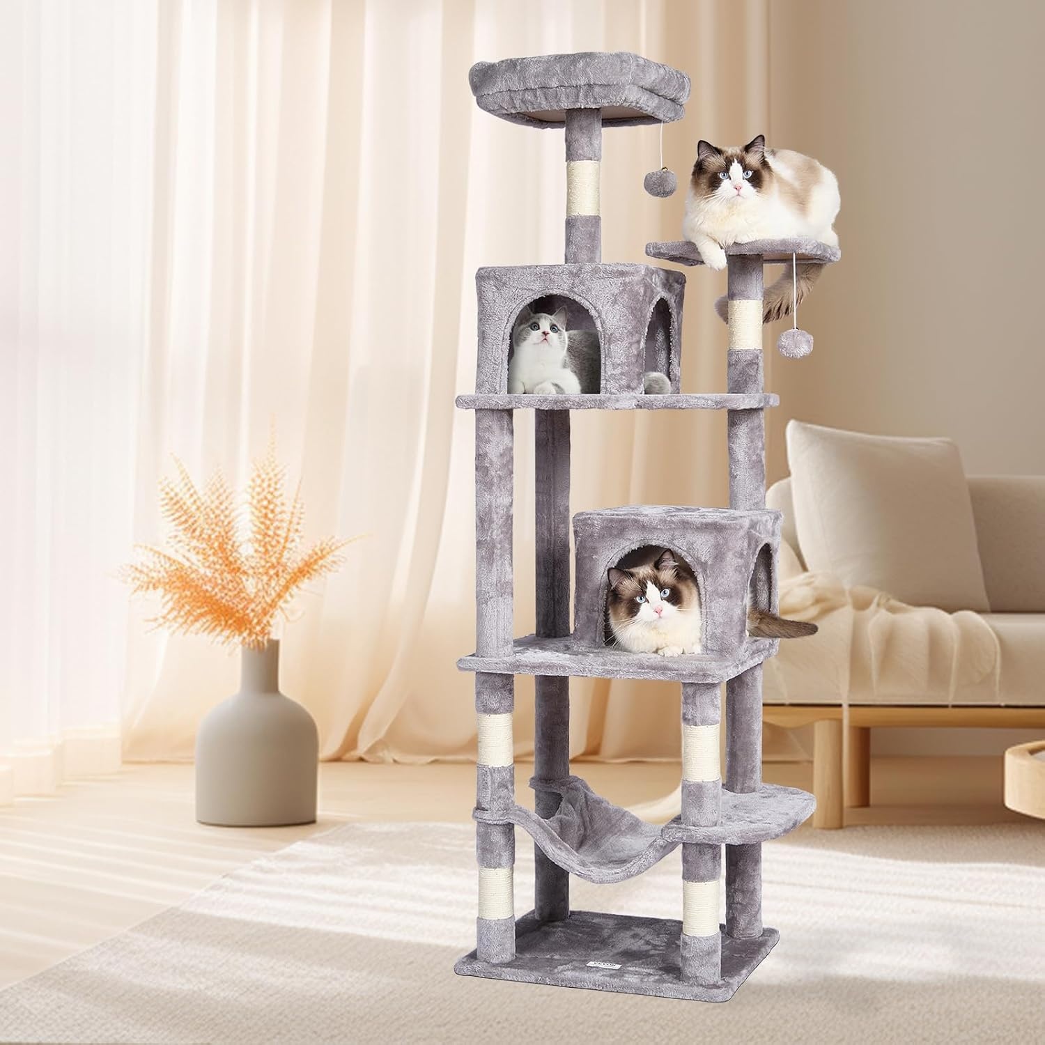 image:imageVEVOR Cat Tree for Indoor Cats 63 Cat Tower with 2 Cat Condos Sisal Scratching Post Hammock Top Perch Jumping Platforms Large Cat Furniture Activity Center with Hang Ball Light GreyLight Grey