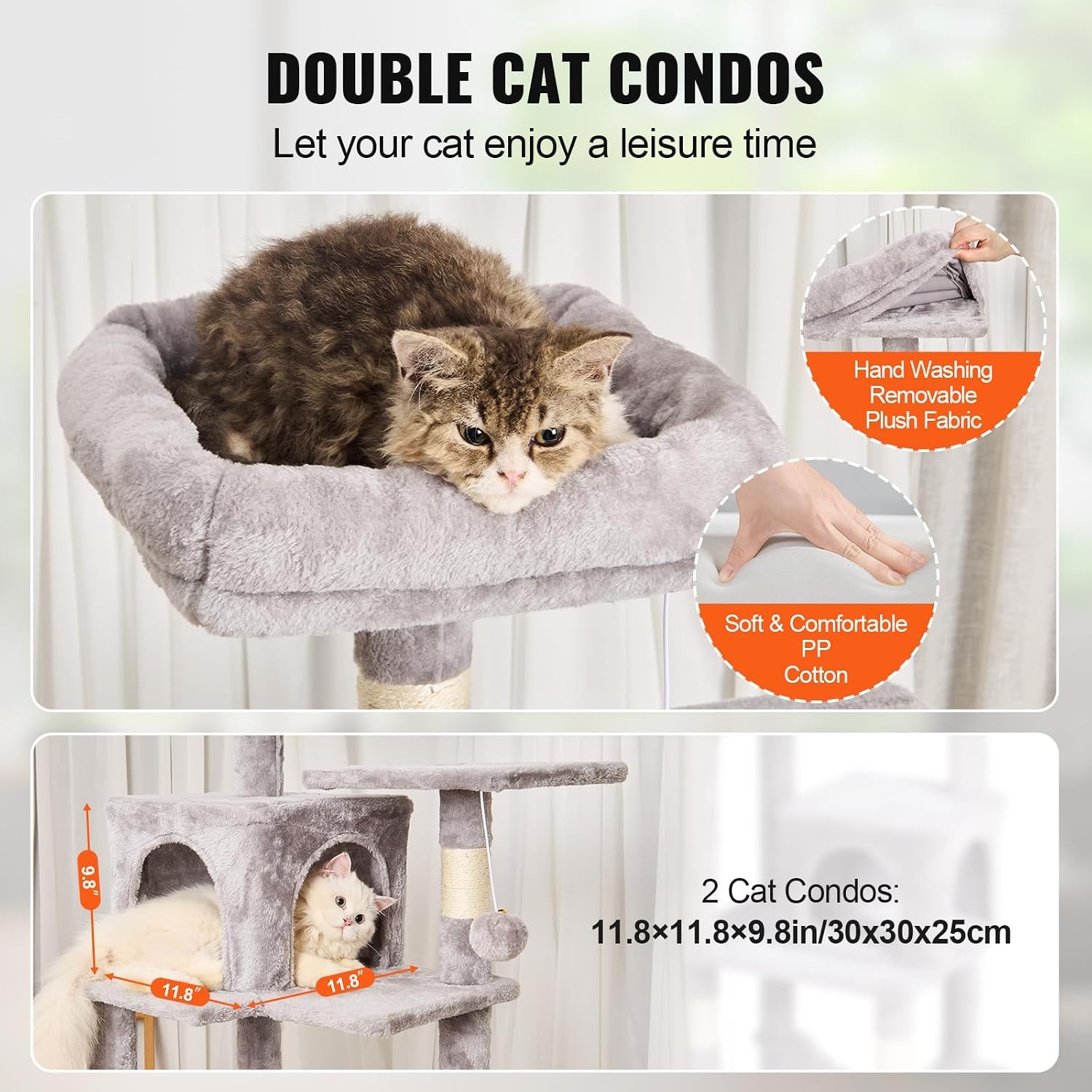 image:imageVEVOR Cat Tree for Indoor Cats 63 Cat Tower with 2 Cat Condos Sisal Scratching Post Hammock Top Perch Jumping Platforms Large Cat Furniture Activity Center with Hang Ball Light GreyLight Grey