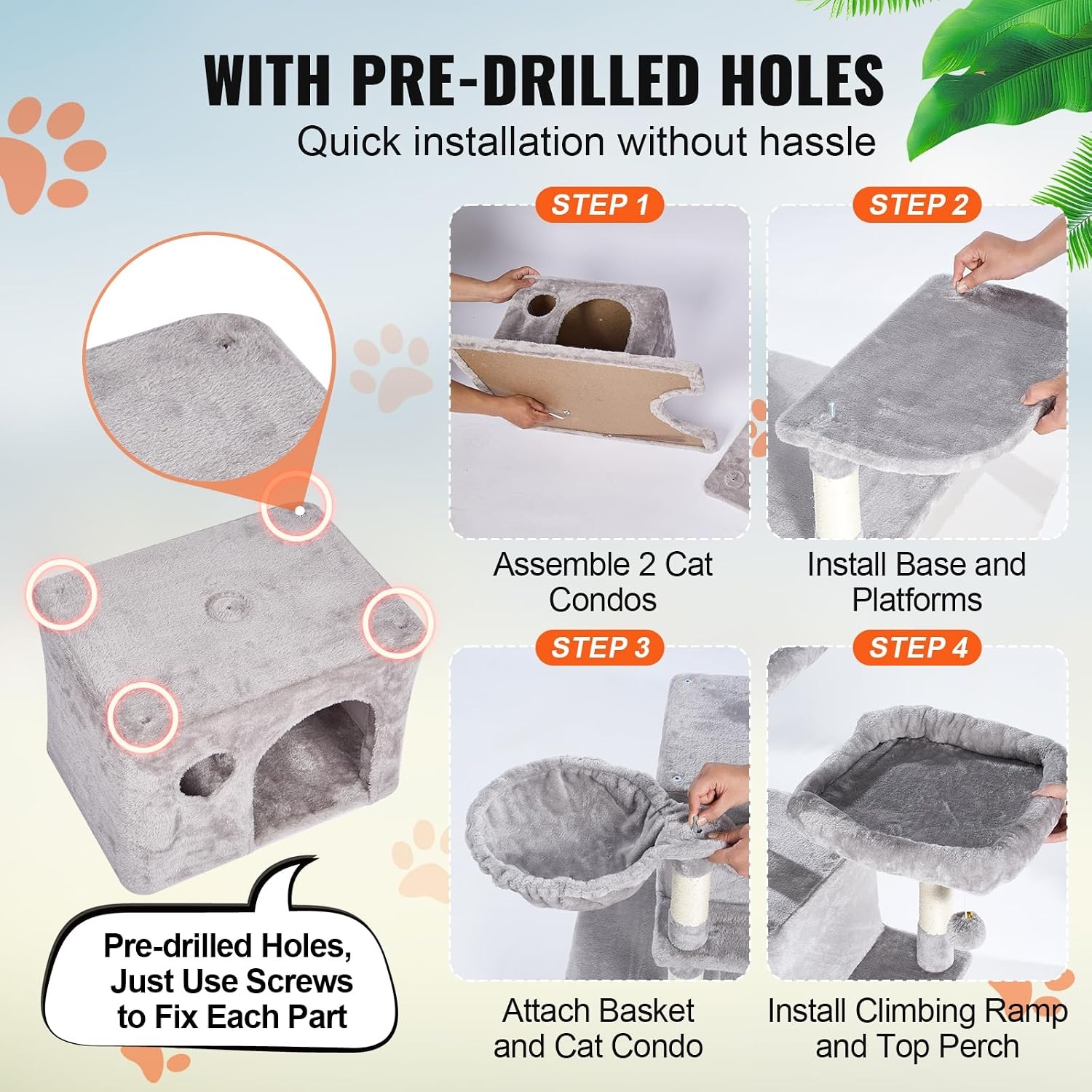 image:imageVEVOR Cat Tree for Indoor Cats 63 Cat Tower with 2 Cat Condos Sisal Scratching Post Hammock Top Perch Jumping Platforms Large Cat Furniture Activity Center with Hang Ball Light GreyLight Grey