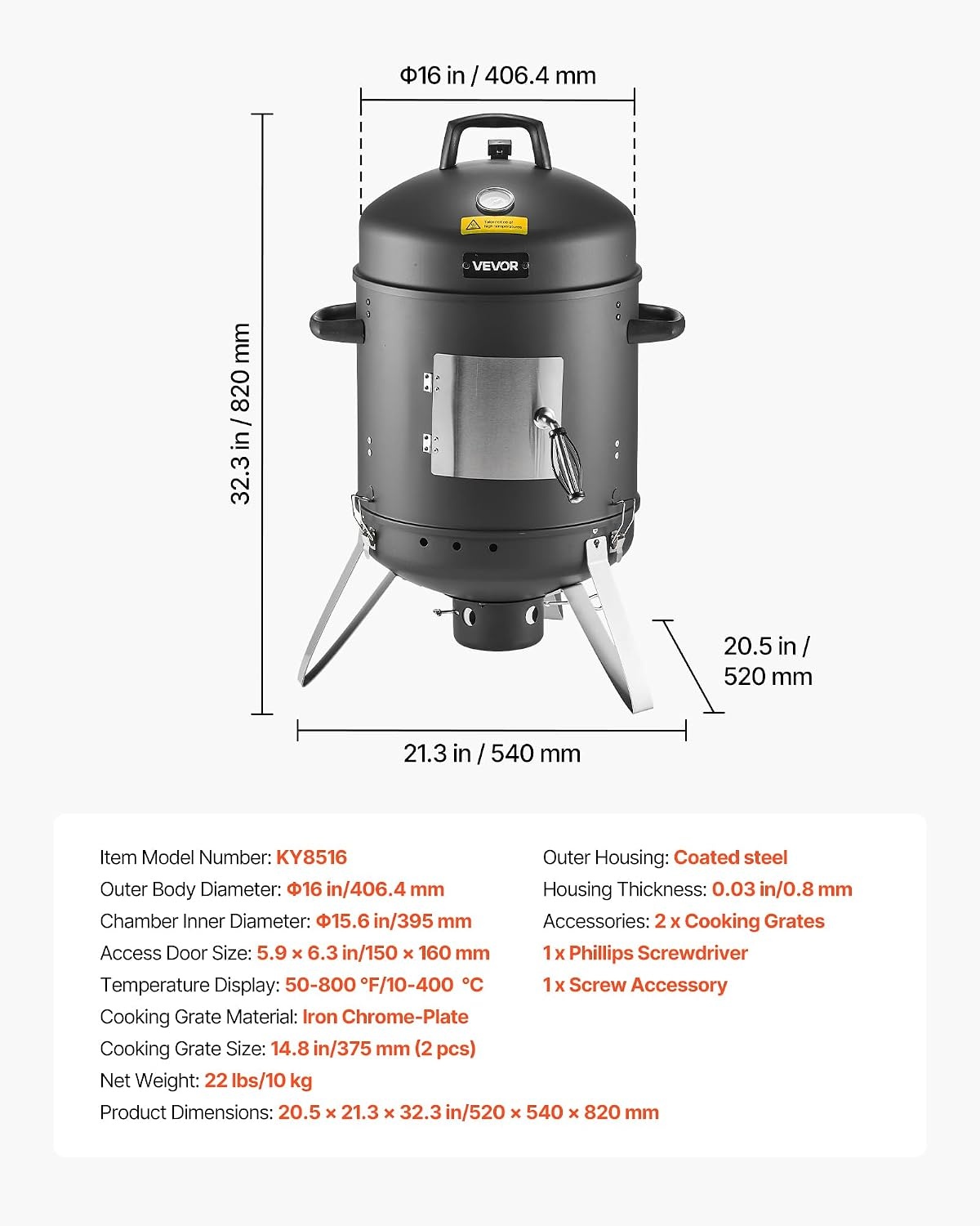 image:imageVEVOR Charcoal Smoker 16 Vertical Charcoal BBQ Grill Coated Steel Barbecue Smoker with 2 Grilling Grates Thermometer Air Vents amp Removable Ash Tray Ideal for Backyard Patio Parties Cooking