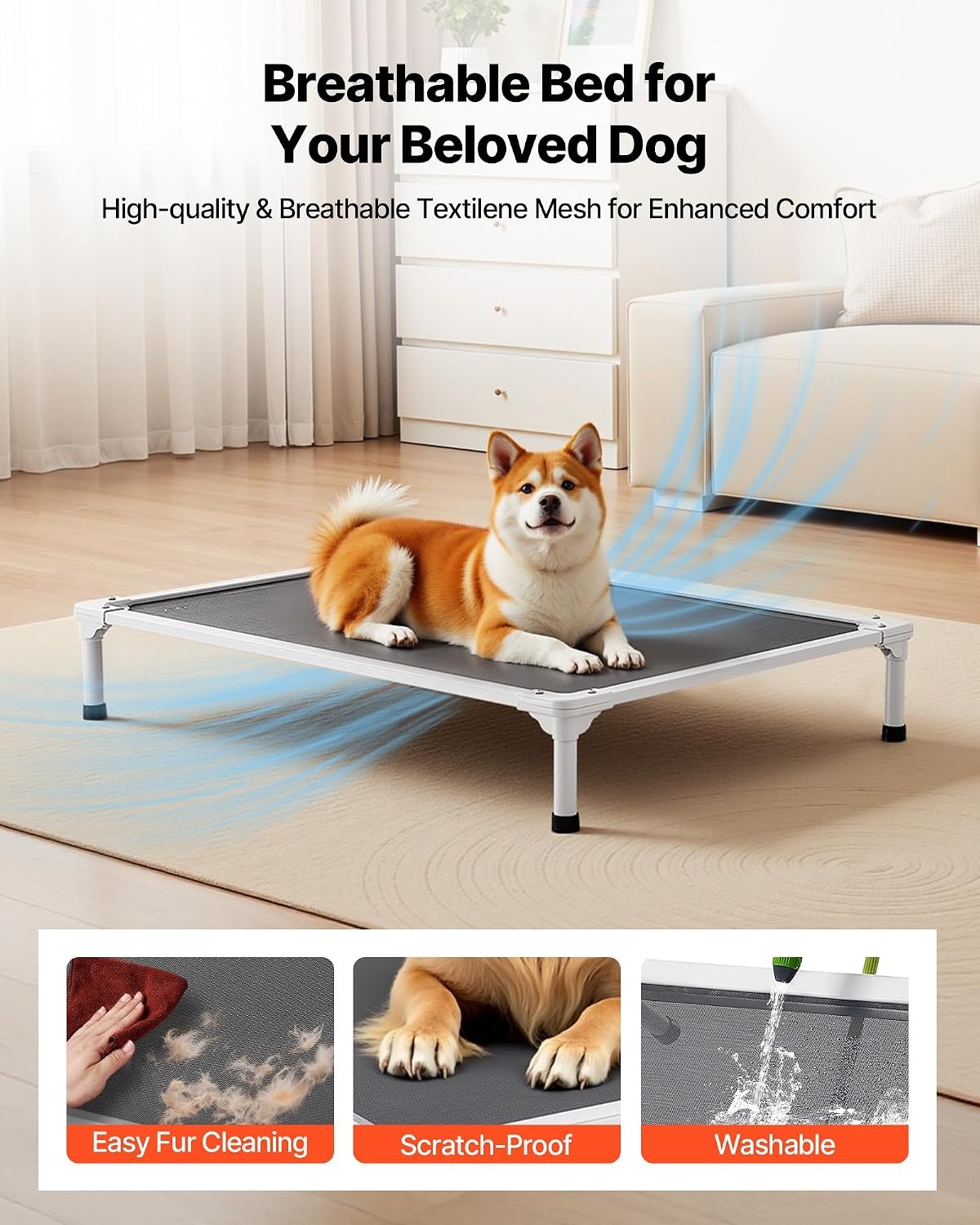 image:imageVEVOR Chew Proof Elevated Dog Bed Portable Raised Dog Cot with Aluminum Tube Metal Frame and Breathable Textilene Mesh Indoor amp Outdoor Pet Cooling Raised Hammock Bed XL GrayL