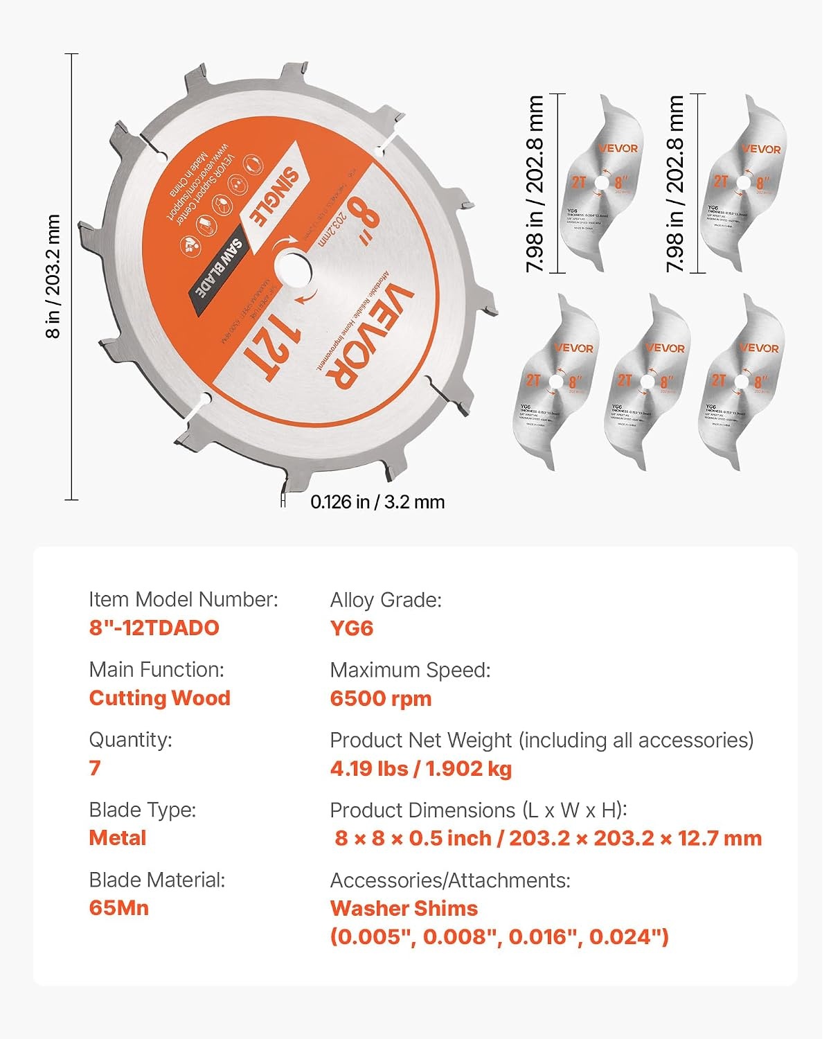 image:imageVEVOR Circular Saw Blade 8 inch Diameter 42 Sharp Alloy Teeth 1 inch Arbor Fine Finish Wood Cutting Blade for Circular Saw with NoiseReducing Heat Vents for Cutting Plywood OSB and Hardwood8 12T7PACK