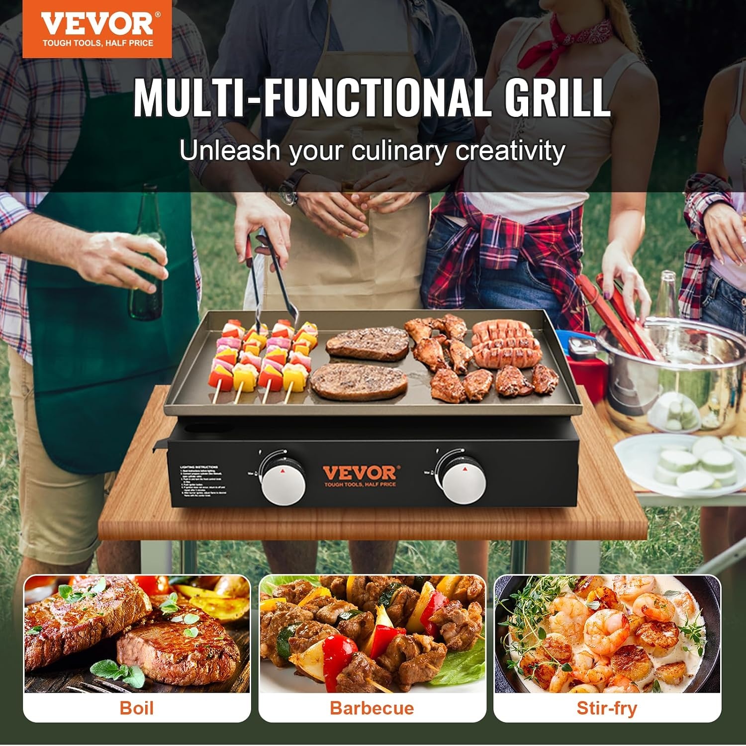 image:imageVEVOR Commercial Griddle 224 Heavy Duty Manual Flat Top Griddle Countertop Gas Grill with NonStick Cooking Plate Countertop Gas Griddles HShaped Burner Restaurant Portable Grill 13000 BTU2 Burner Grill