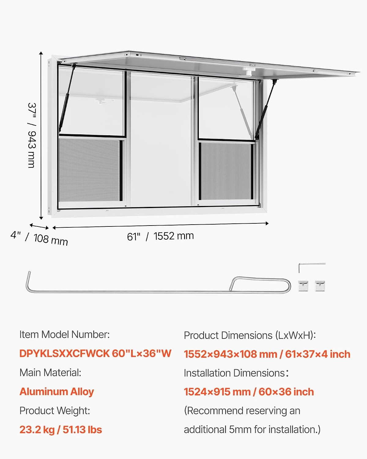image:imageVEVOR Concession Window Aluminum Alloy Frame Service Window for Food Truck Up to 85 Degrees Stand Serving with Awning Door and Drag Hook 4 leftampright sliding windows 53x33in with 4 Sliding4 updown sliding Screens
