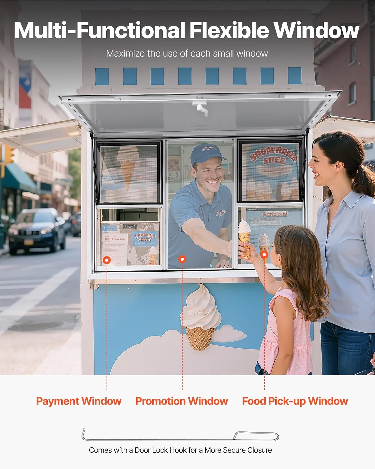 image:imageVEVOR Concession Window Aluminum Alloy Frame Service Window for Food Truck Up to 85 Degrees Stand Serving with Awning Door and Drag Hook 4 leftampright sliding windows 53x33in with 4 Sliding4 updown sliding Screens