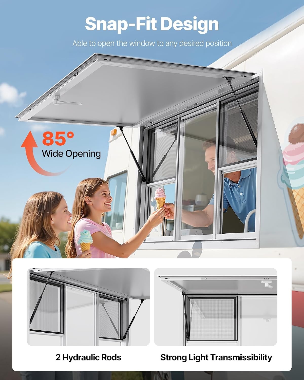 image:imageVEVOR Concession Window Aluminum Alloy Frame Service Window for Food Truck Up to 85 Degrees Stand Serving with Awning Door and Drag Hook 4 leftampright sliding windows 53x33in with 4 Sliding4 updown sliding Screens