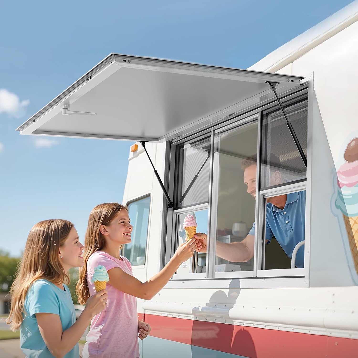 image:imageVEVOR Concession Window Aluminum Alloy Frame Service Window for Food Truck Up to 85 Degrees Stand Serving with Awning Door and Drag Hook 4 leftampright sliding windows 53x33in with 4 Sliding4 updown sliding Screens