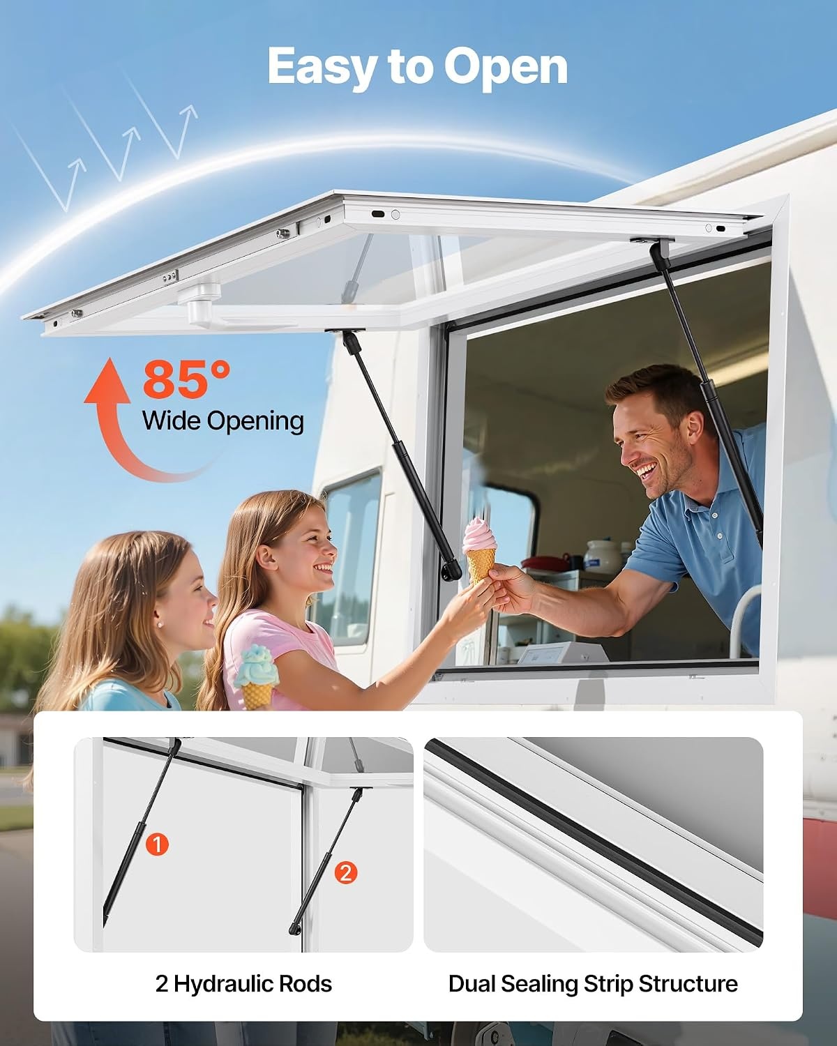 image:imageVEVOR Concession Window Aluminum Alloy Frame Service Window for Food Truck Up to 85 Degrees Stand Serving with Awning Door and Drag Hook 4 leftampright sliding windows 53x33in with 4 Slidingwhole glass