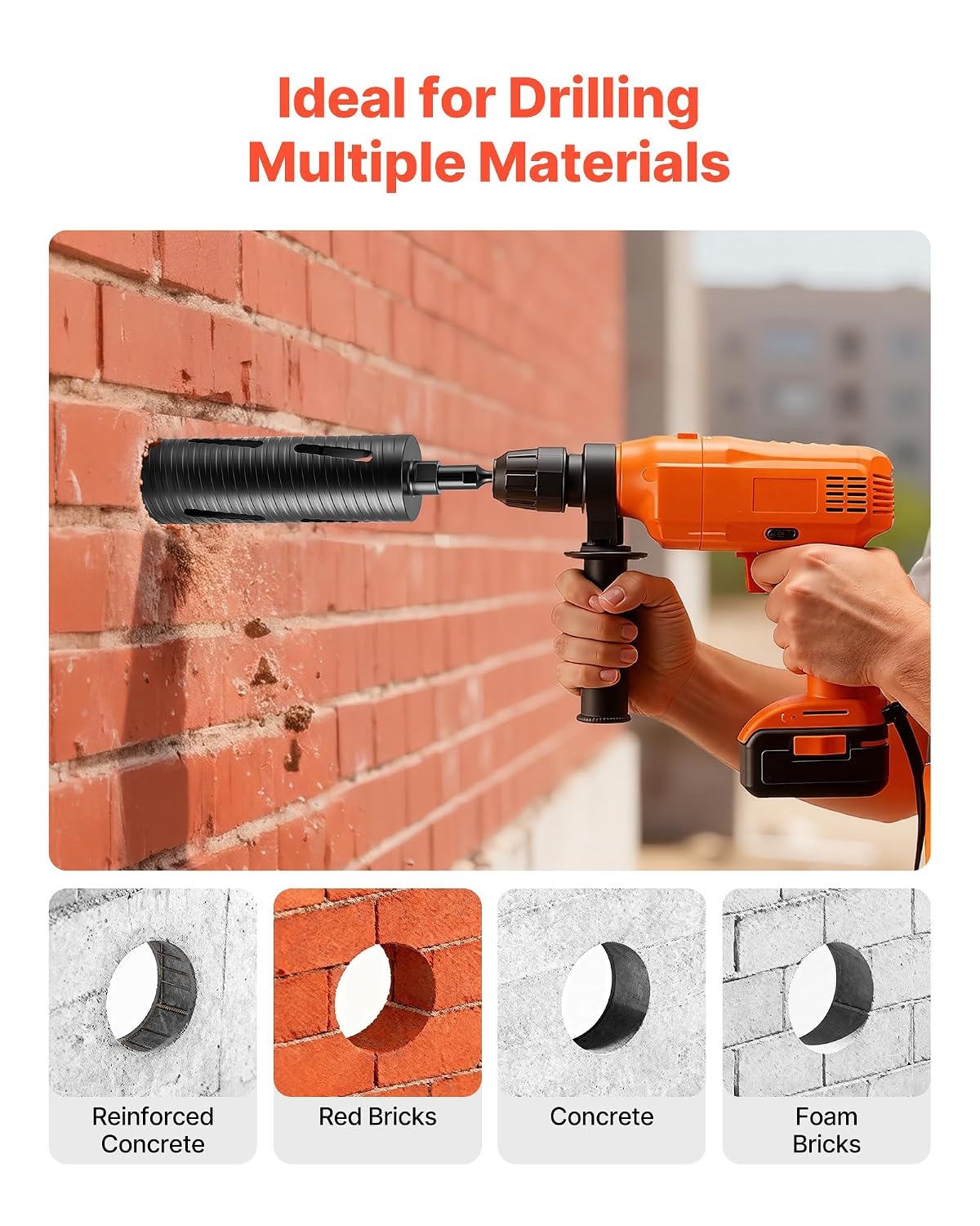 image:imageVEVOR Core Drill Bit 3 inch Diameter 912 inch Drilling Depth 5811 Internal Thread Diamond Dry Coring Bit with 3 Adapters Pilot Drill and Hex Wrench for Concrete Red Bricks and Masonry