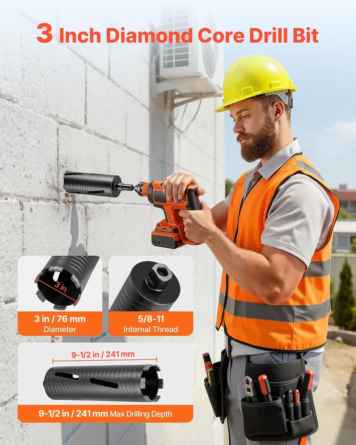 image:imageVEVOR Core Drill Bit 3 inch Diameter 912 inch Drilling Depth 5811 Internal Thread Diamond Dry Coring Bit with 3 Adapters Pilot Drill and Hex Wrench for Concrete Red Bricks and Masonry