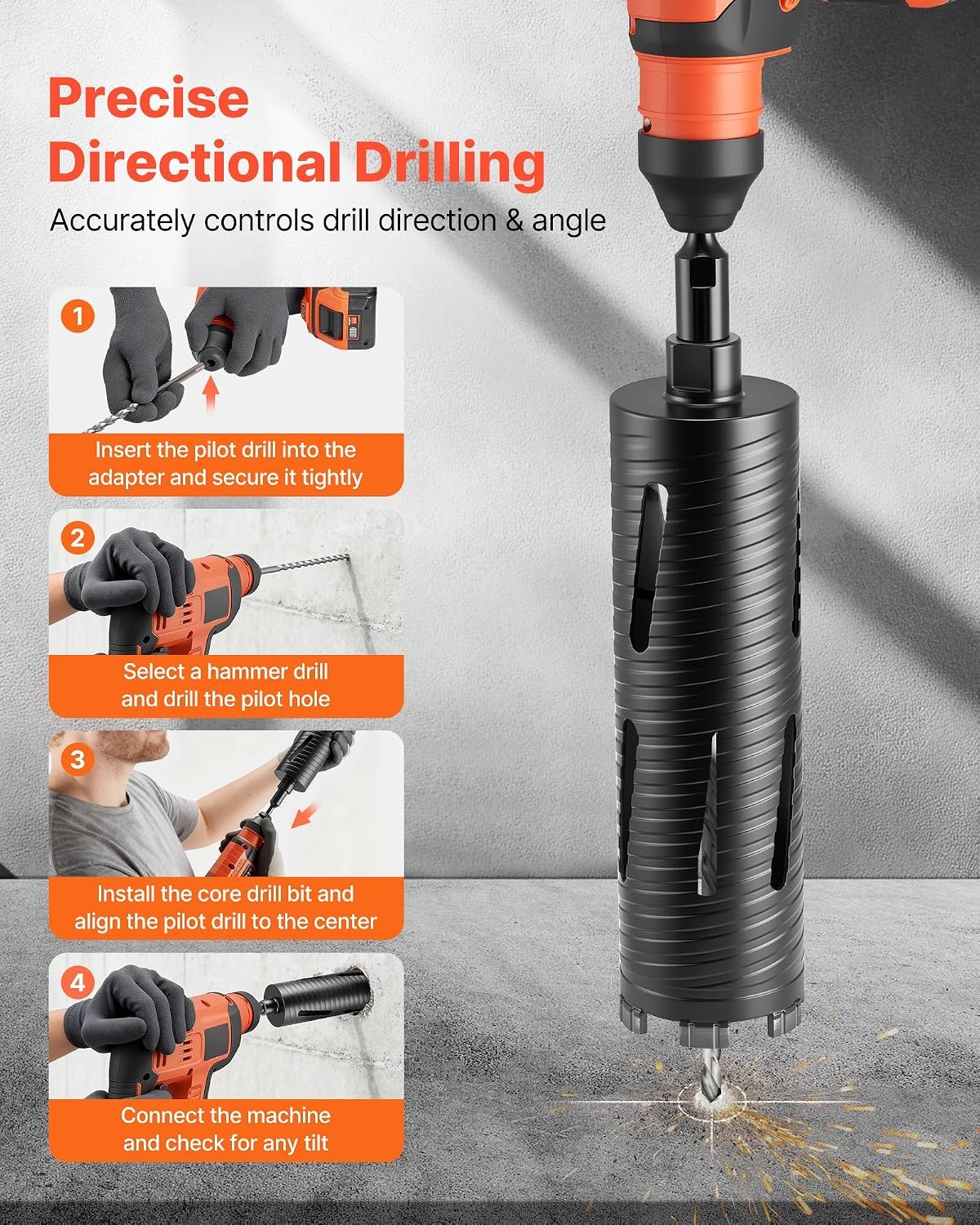 image:imageVEVOR Core Drill Bit 3 inch Diameter 912 inch Drilling Depth 5811 Internal Thread Diamond Dry Coring Bit with 3 Adapters Pilot Drill and Hex Wrench for Concrete Red Bricks and Masonry