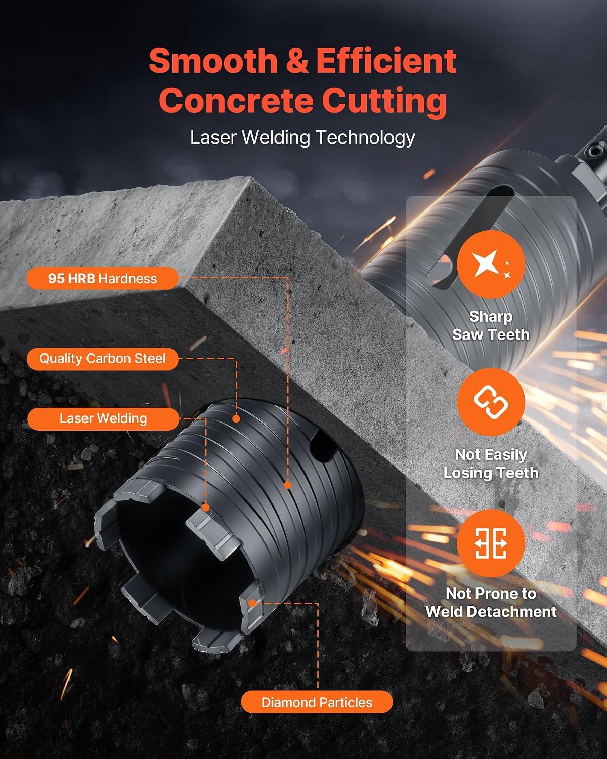 image:imageVEVOR Core Drill Bit 3 inch Diameter 912 inch Drilling Depth 5811 Internal Thread Diamond Dry Coring Bit with 3 Adapters Pilot Drill and Hex Wrench for Concrete Red Bricks and Masonry