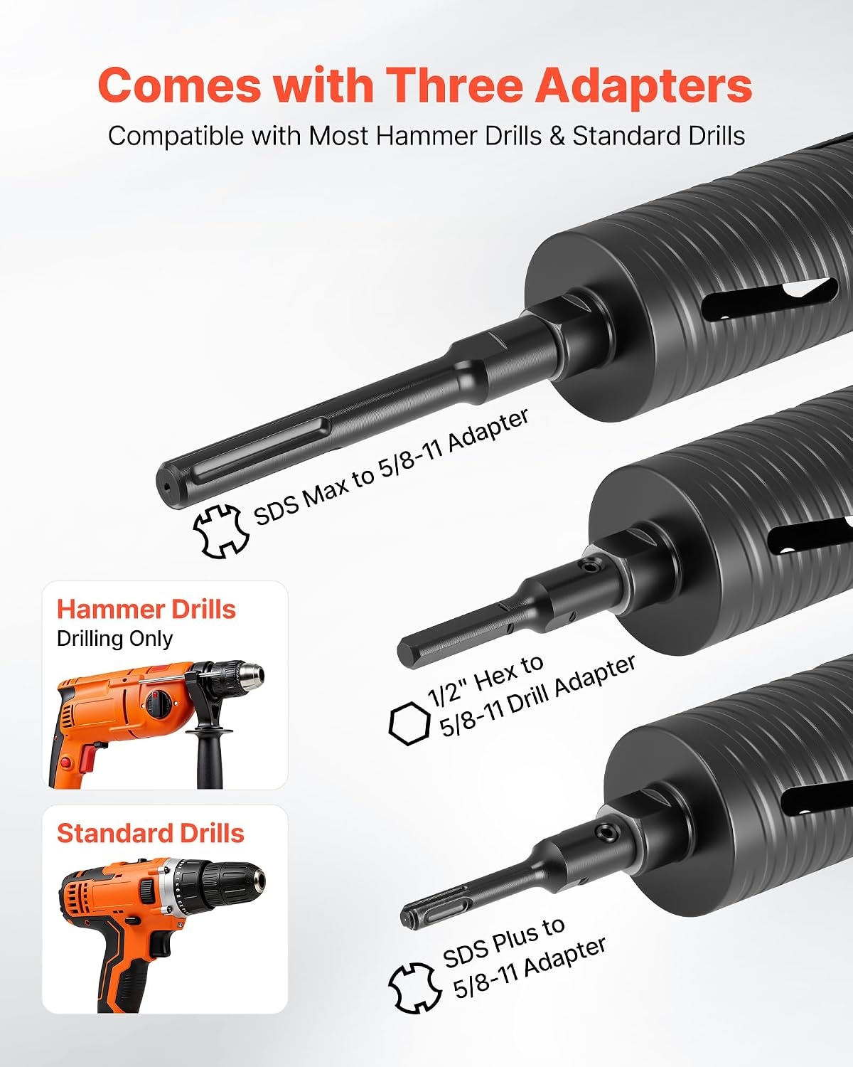 image:imageVEVOR Core Drill Bit 3 inch Diameter 912 inch Drilling Depth 5811 Internal Thread Diamond Dry Coring Bit with 3 Adapters Pilot Drill and Hex Wrench for Concrete Red Bricks and Masonry