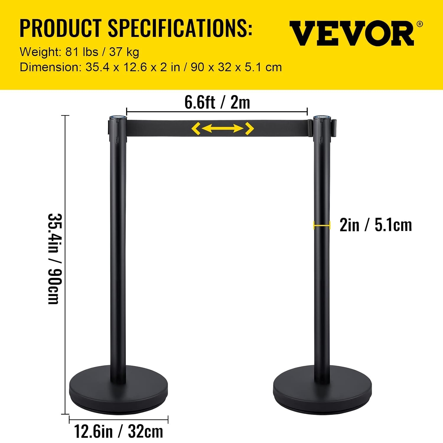 image:imageVEVOR Crowd Control Stanchion Set Stanchion Set with 66 ft2 m Black Retractable Belt Black Crowd Control Barrier wConcrete and Metal Base Easy Connect Assembly 46 Pcs