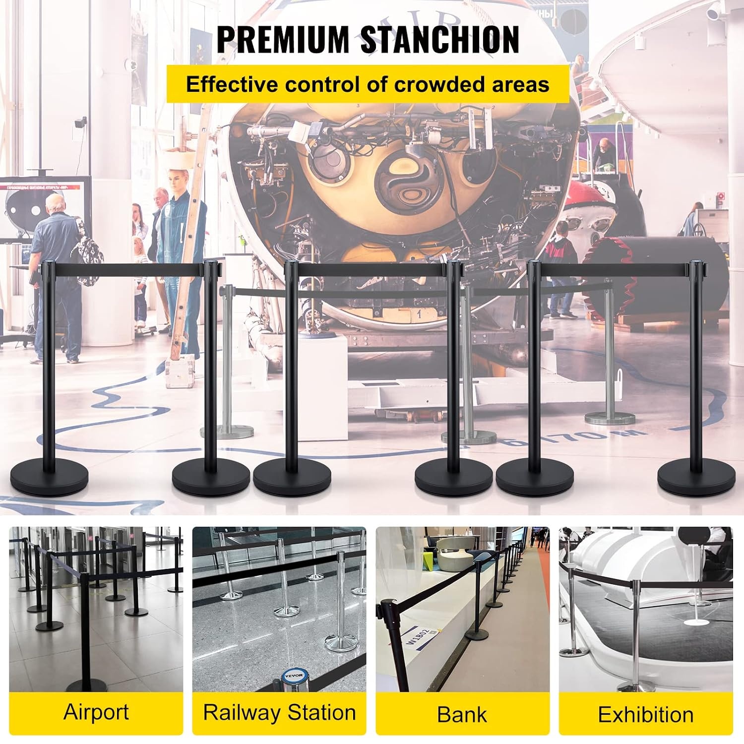 image:imageVEVOR Crowd Control Stanchion Set Stanchion Set with 66 ft2 m Black Retractable Belt Black Crowd Control Barrier wConcrete and Metal Base Easy Connect Assembly 46 Pcs