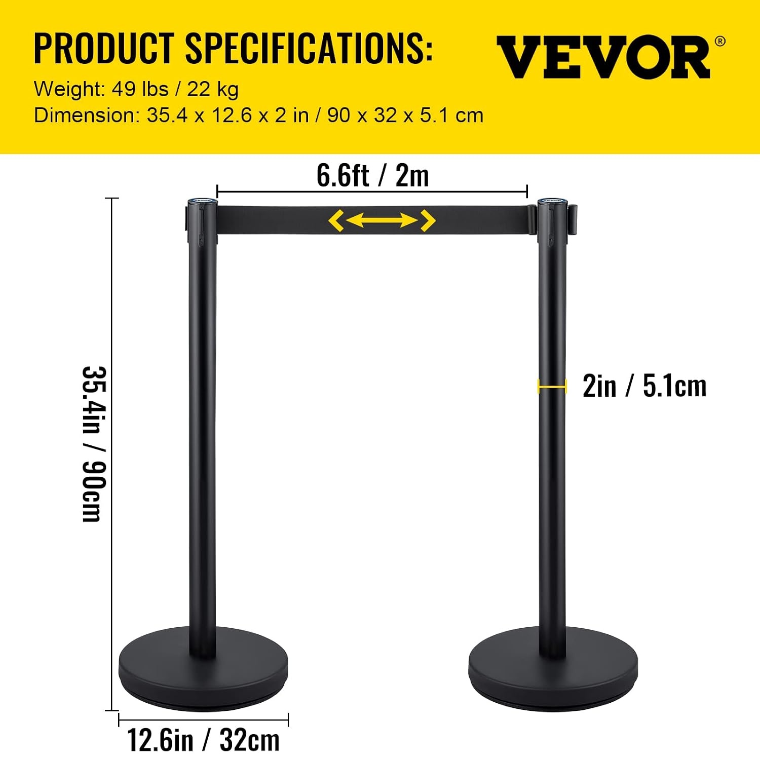 image:imageVEVOR Crowd Control Stanchion Set Stanchion Set with 66 ft2 m Black Retractable Belt Black Crowd Control Barrier wConcrete and Metal Base Easy Connect Assembly 44 Pcs