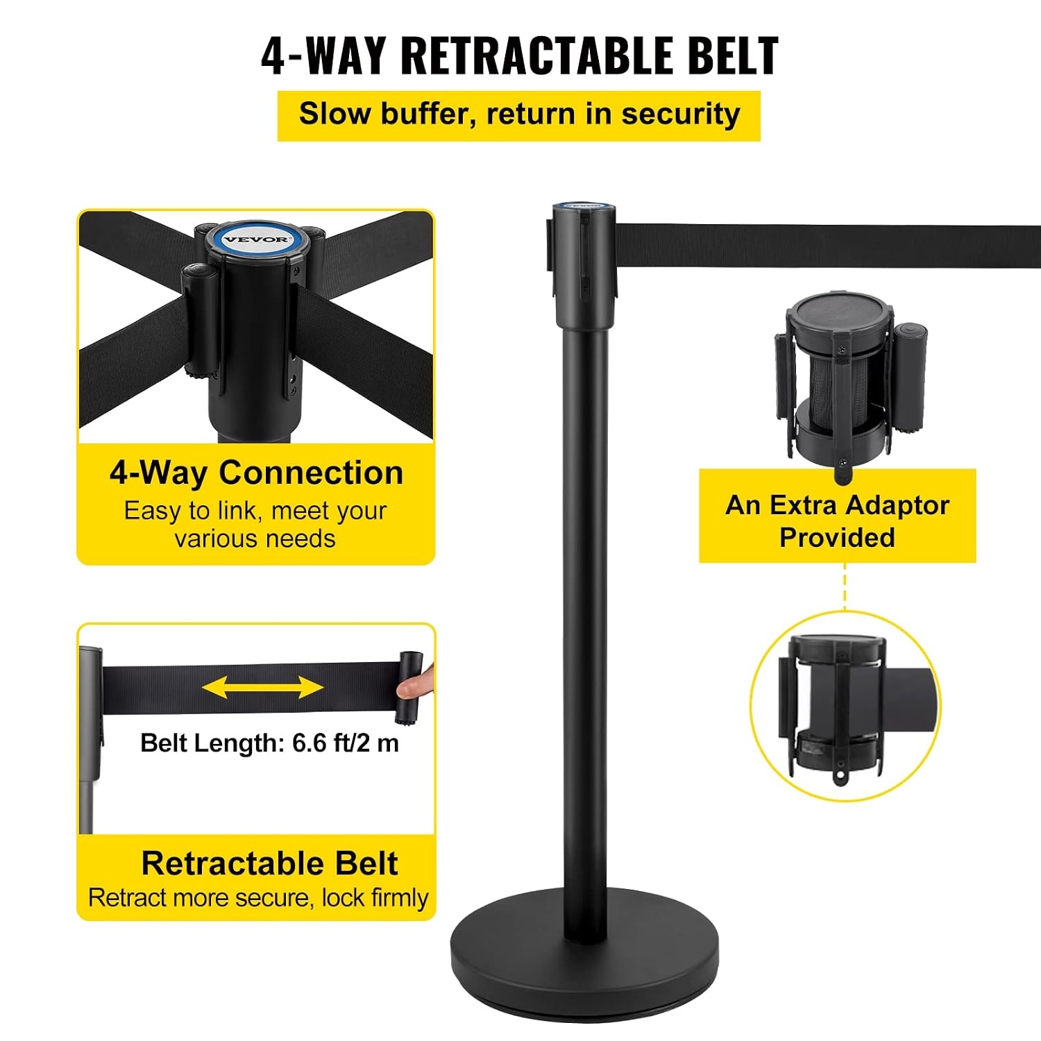 image:imageVEVOR Crowd Control Stanchion Set Stanchion Set with 66 ft2 m Black Retractable Belt Black Crowd Control Barrier wConcrete and Metal Base Easy Connect Assembly 44 Pcs