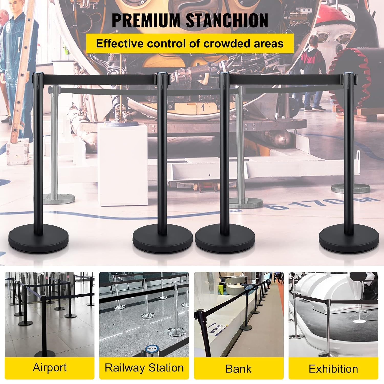 image:imageVEVOR Crowd Control Stanchion Set Stanchion Set with 66 ft2 m Black Retractable Belt Black Crowd Control Barrier wConcrete and Metal Base Easy Connect Assembly 44 Pcs