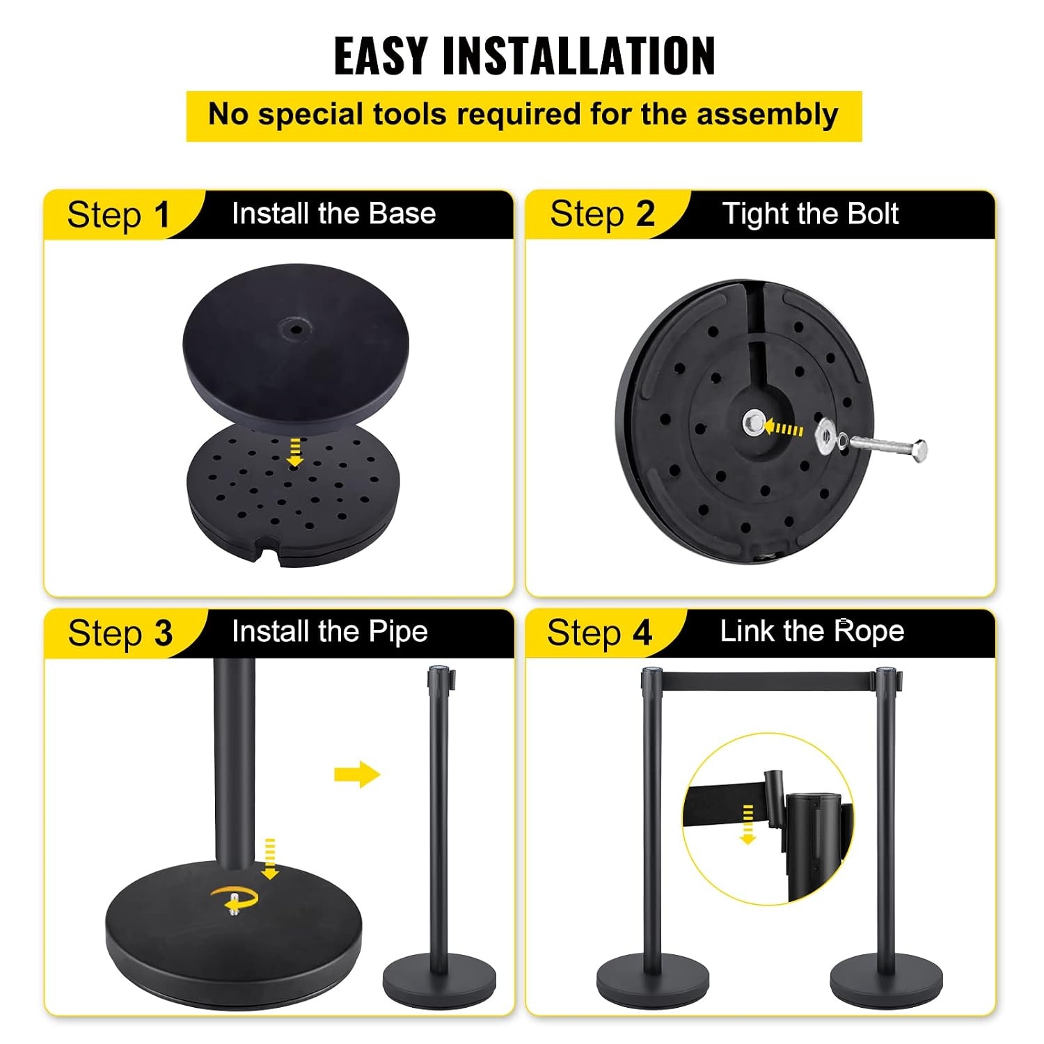 image:imageVEVOR Crowd Control Stanchion Set Stanchion Set with 66 ft2 m Black Retractable Belt Black Crowd Control Barrier wConcrete and Metal Base Easy Connect Assembly 46 Pcs