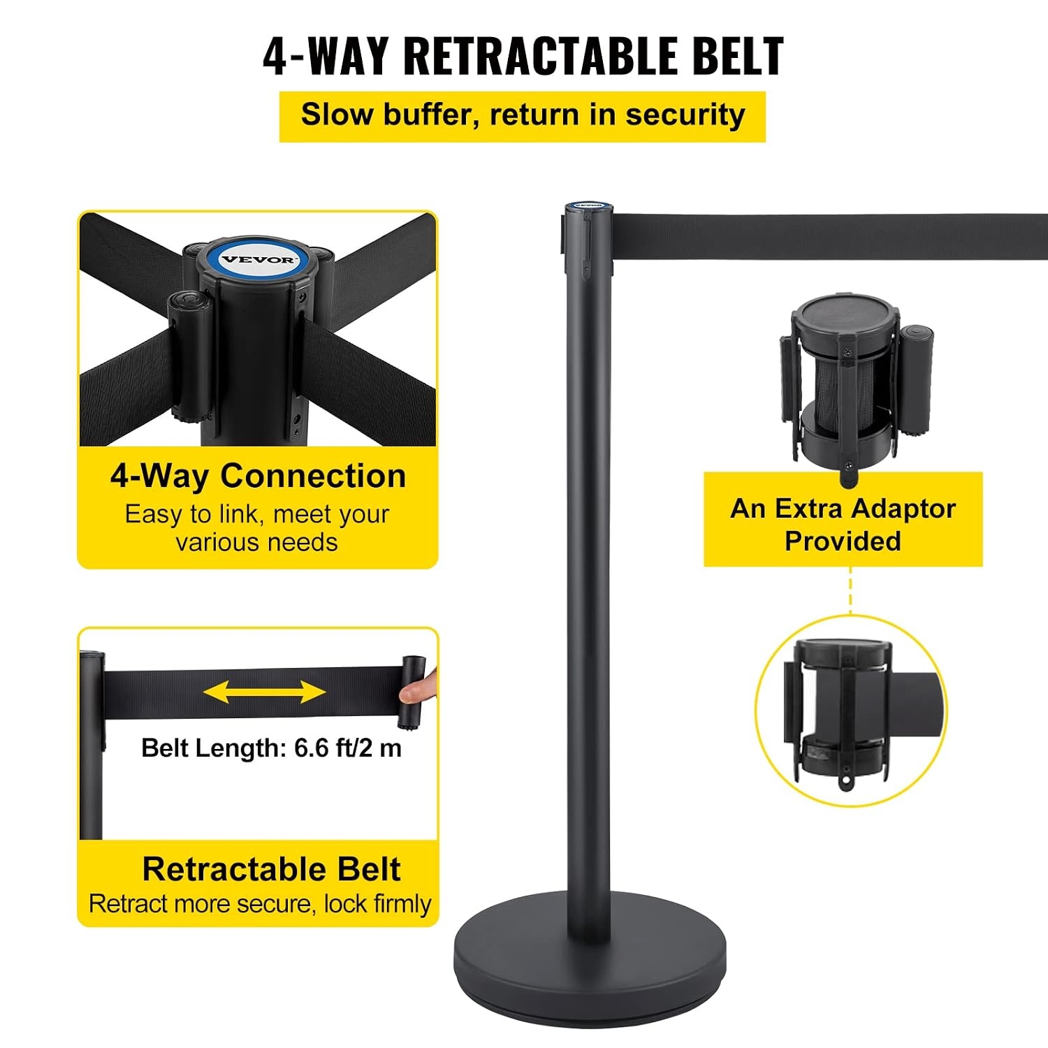 image:imageVEVOR Crowd Control Stanchion Set Stanchion Set with 66 ft2 m Black Retractable Belt Black Crowd Control Barrier wConcrete and Metal Base Easy Connect Assembly 46 Pcs