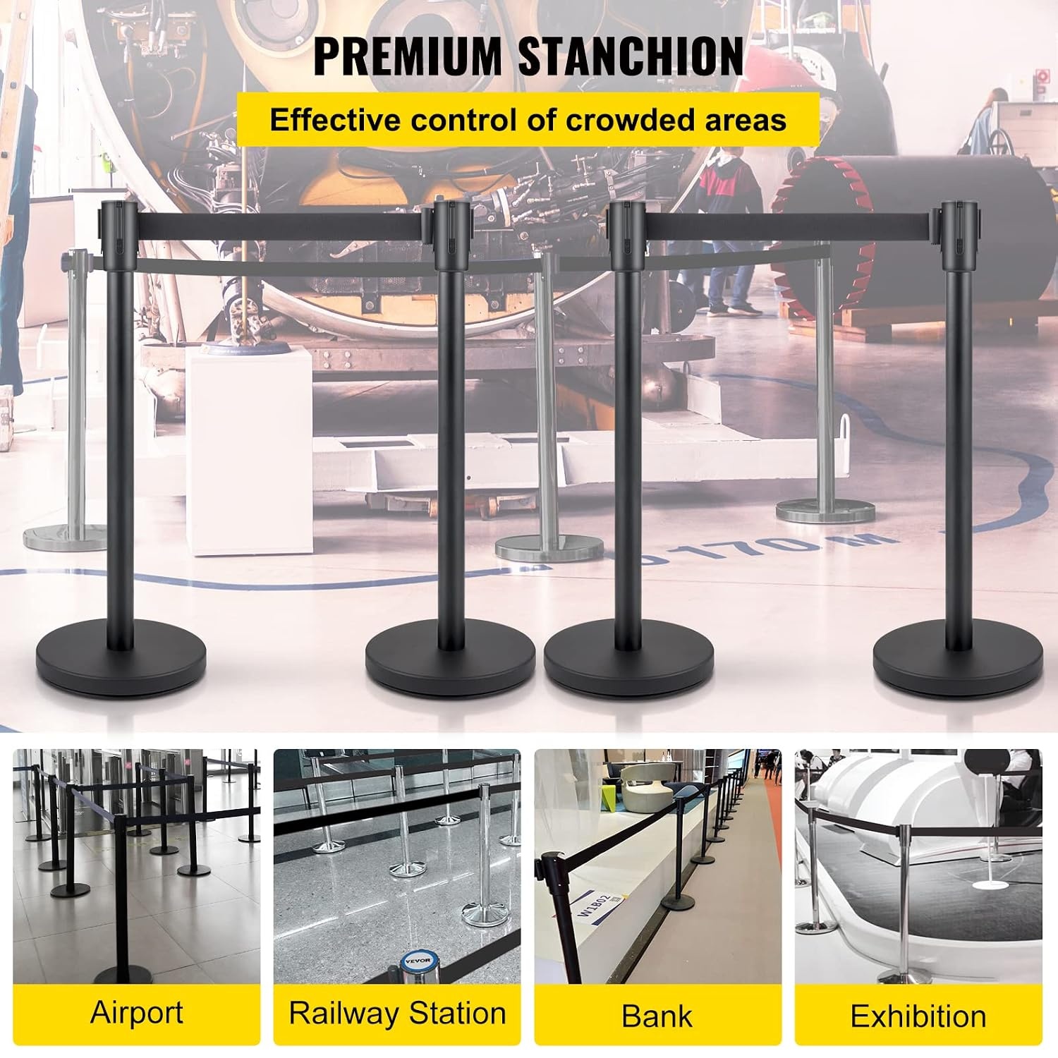 image:imageVEVOR Crowd Control Stanchion Set Stanchion Set with 66 ft2 m Black Retractable Belt Black Crowd Control Barrier wConcrete and Metal Base Easy Connect Assembly 44 Pcs