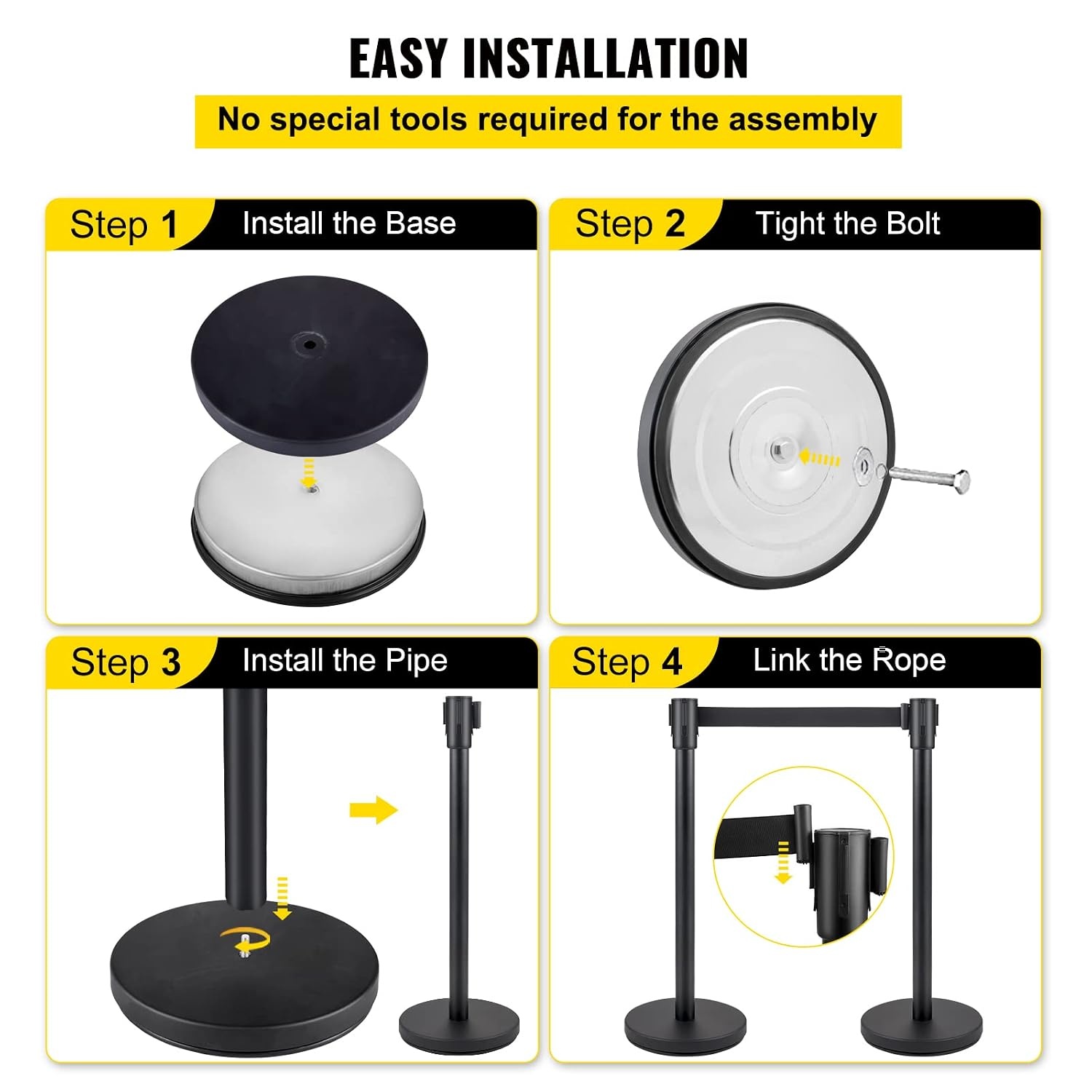 image:imageVEVOR Crowd Control Stanchion Set Stanchion Set with 66 ft2 m Black Retractable Belt Black Crowd Control Barrier wConcrete and Metal Base Easy Connect Assembly 44 Pcs
