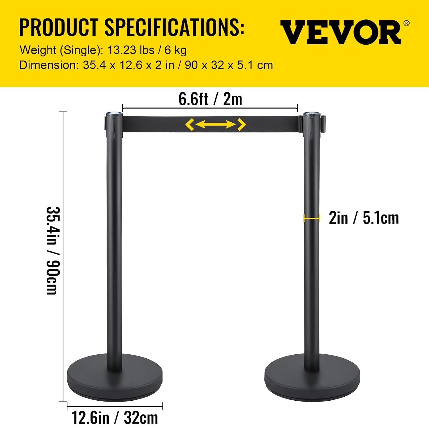 image:imageVEVOR Crowd Control Stanchion Set Stanchion Set with 66 ft2 m Black Retractable Belt Black Crowd Control Barrier wConcrete and Metal Base Easy Connect Assembly 46 Pcs