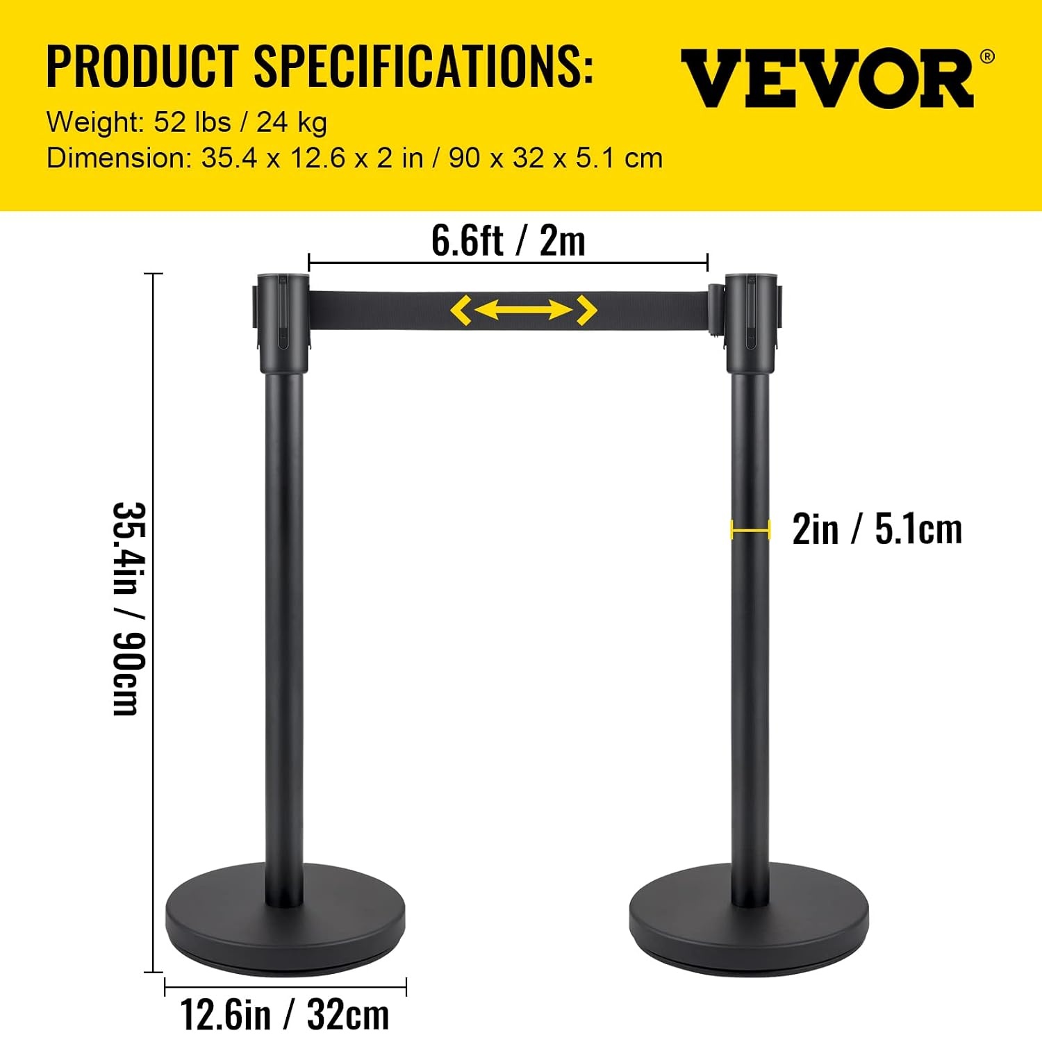 image:imageVEVOR Crowd Control Stanchion Set Stanchion Set with 66 ft2 m Black Retractable Belt Black Crowd Control Barrier wConcrete and Metal Base Easy Connect Assembly 44 Pcs