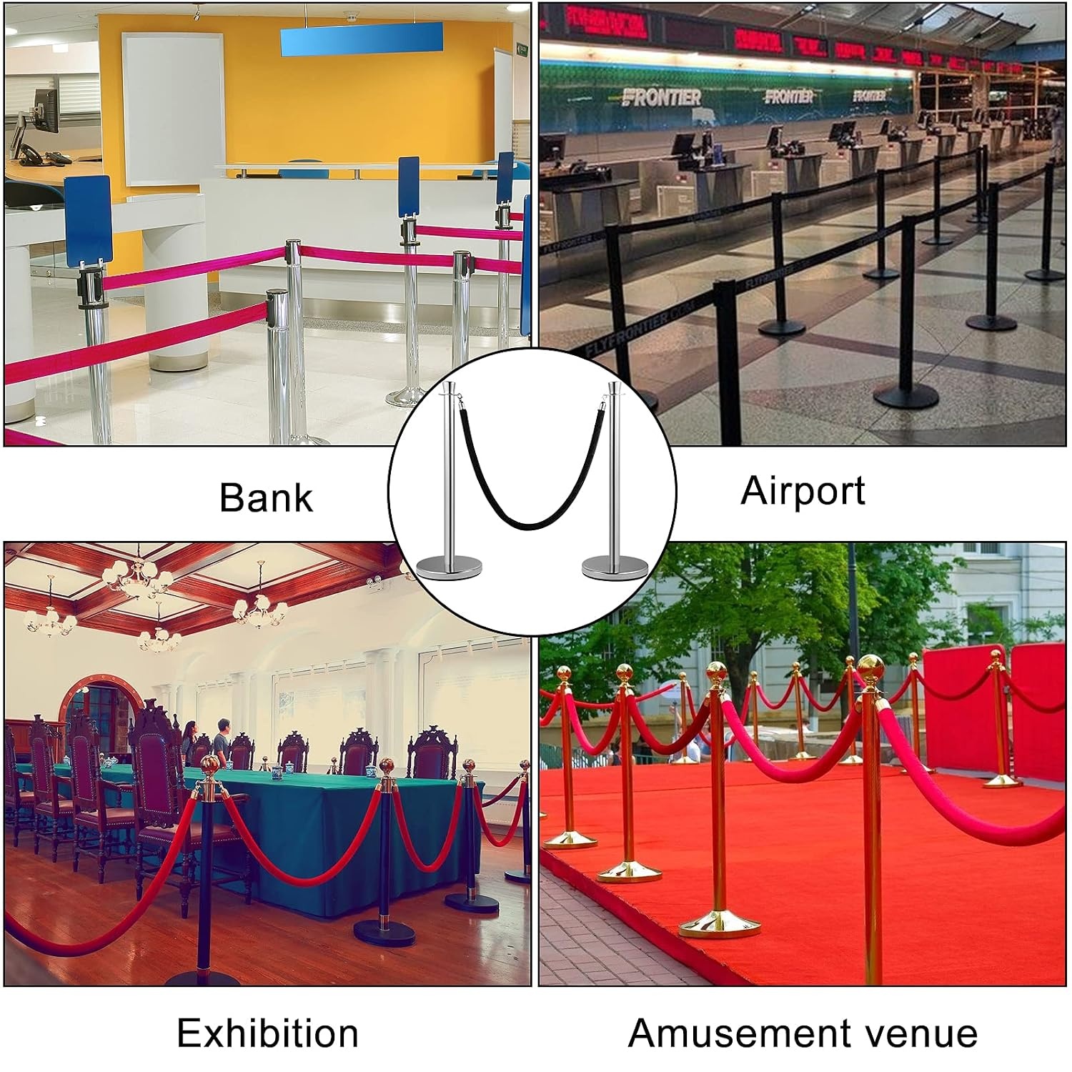 image:imageVEVOR Crowd Control Stanchion Set of 2 Pieces Stanchion Set Stanchion Set with 5 ft15 m Black Velvet Rope Silver Crowd Control Barrier wSturdy Concrete and Metal Base Easy Connect AssemblyBlack Rope