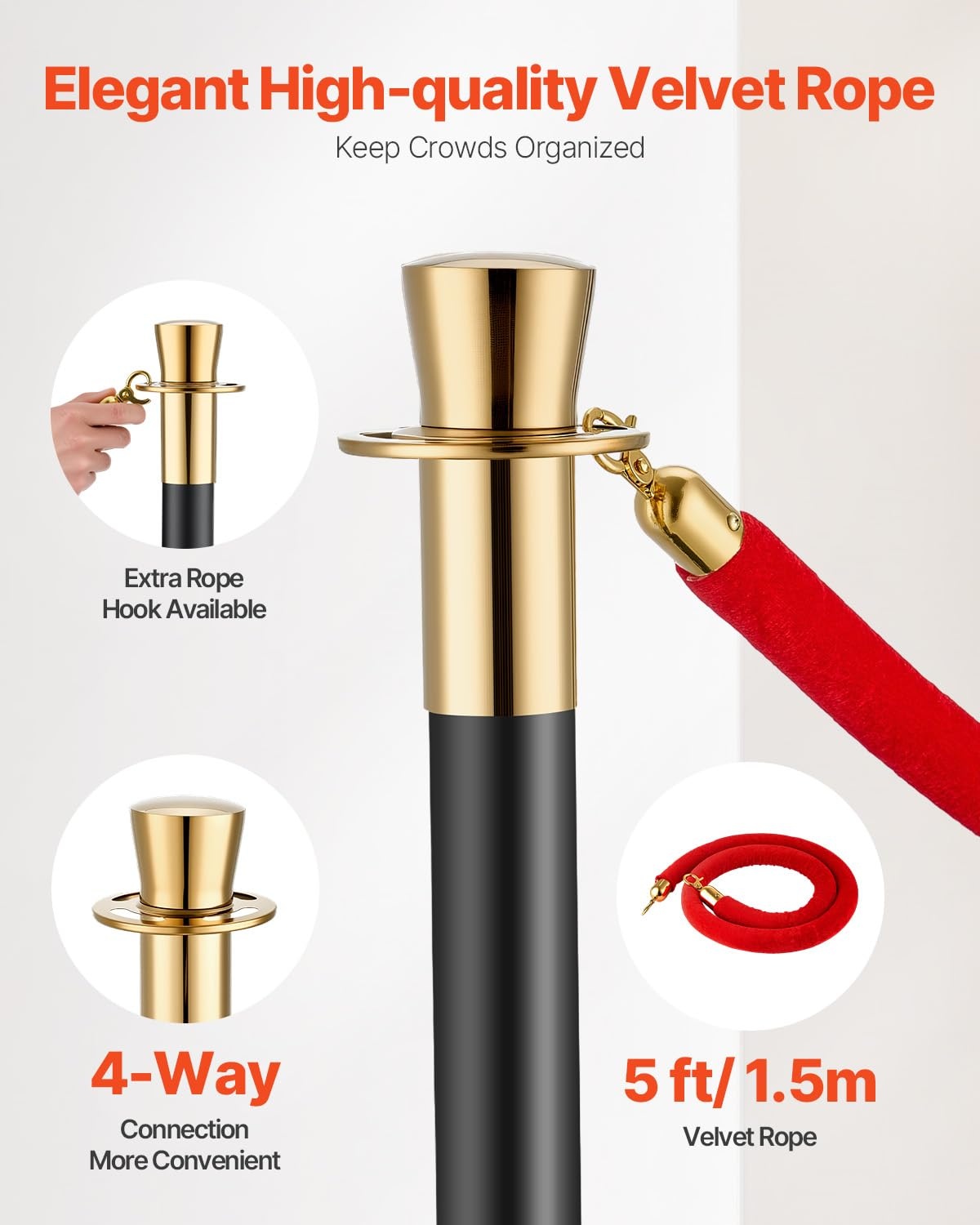 image:imageVEVOR Crowd Control Stanchion Set of 2 Pieces Stanchion Set Stanchion Set with 5 ft15 m Black Velvet Rope Silver Crowd Control Barrier wSturdy Concrete and Metal Base Easy Connect AssemblyRed Rope