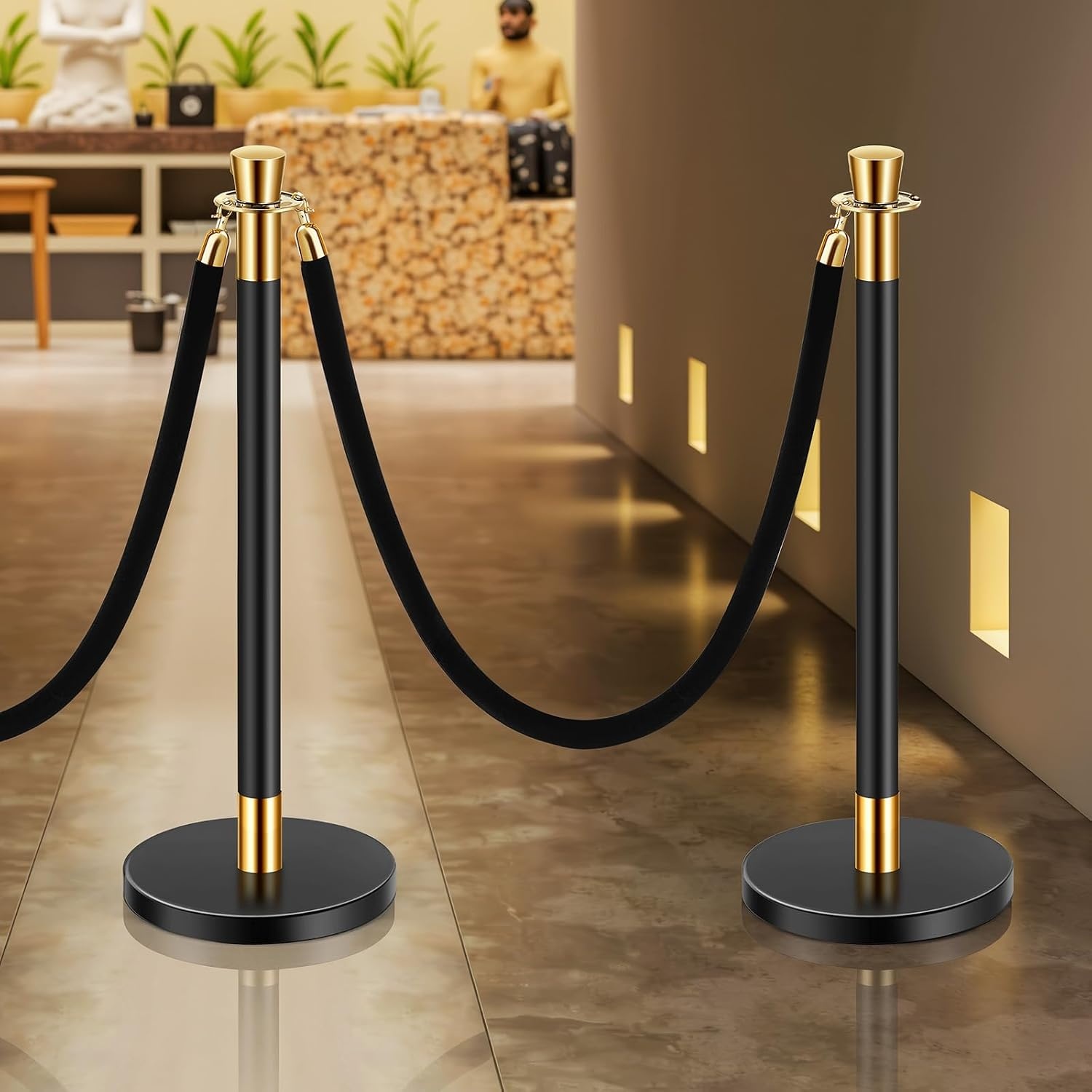 image:imageVEVOR Crowd Control Stanchion Set of 2 Pieces Stanchion Set Stanchion Set with 5 ft15 m Black Velvet Rope Silver Crowd Control Barrier wSturdy Concrete and Metal Base Easy Connect AssemblyBlack Rope