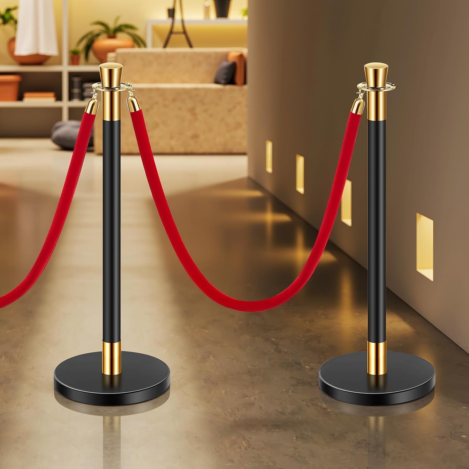 image:imageVEVOR Crowd Control Stanchion Set of 2 Pieces Stanchion Set Stanchion Set with 5 ft15 m Black Velvet Rope Silver Crowd Control Barrier wSturdy Concrete and Metal Base Easy Connect AssemblyRed Rope