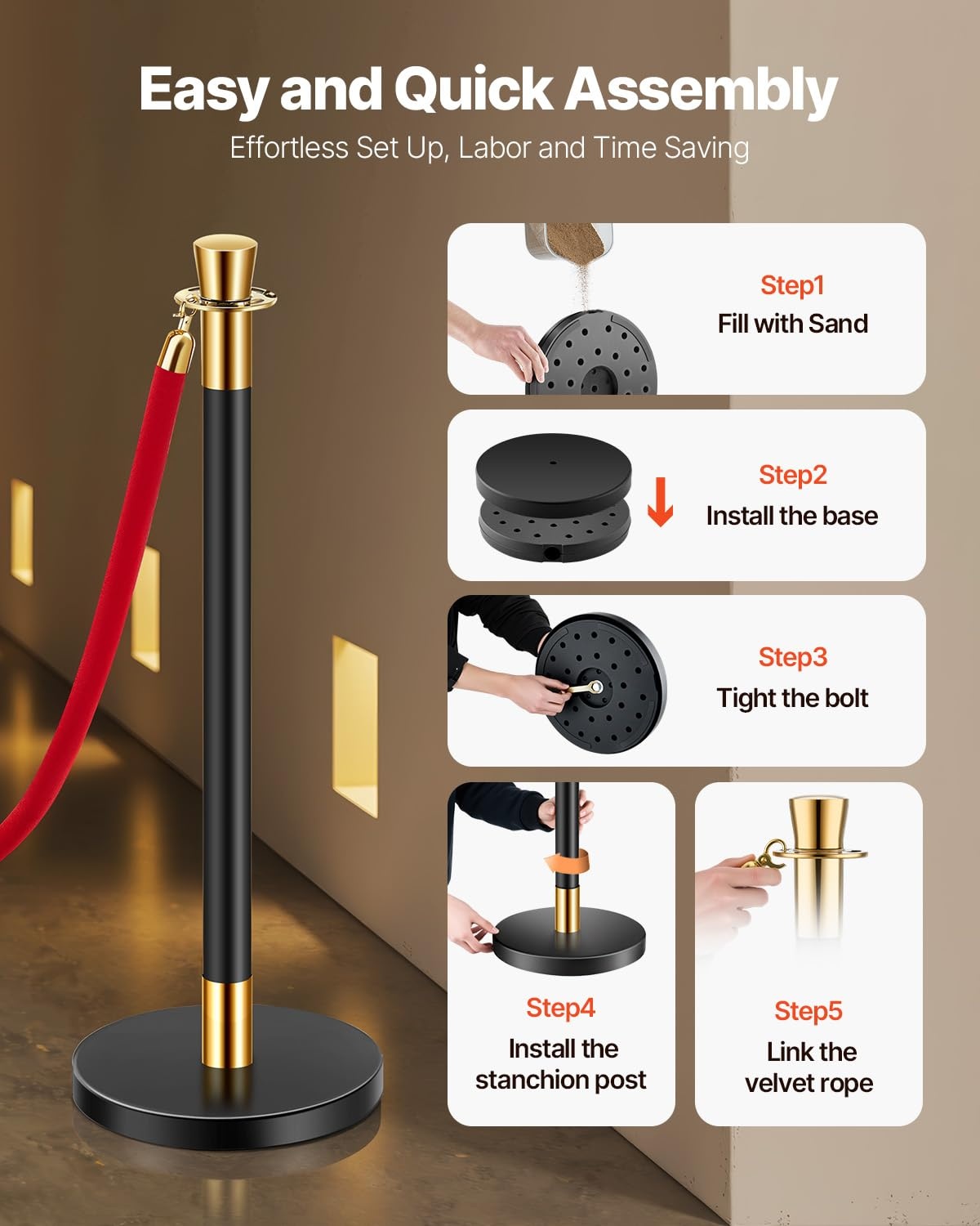 image:imageVEVOR Crowd Control Stanchion Set of 2 Pieces Stanchion Set Stanchion Set with 5 ft15 m Black Velvet Rope Silver Crowd Control Barrier wSturdy Concrete and Metal Base Easy Connect AssemblyRed Rope