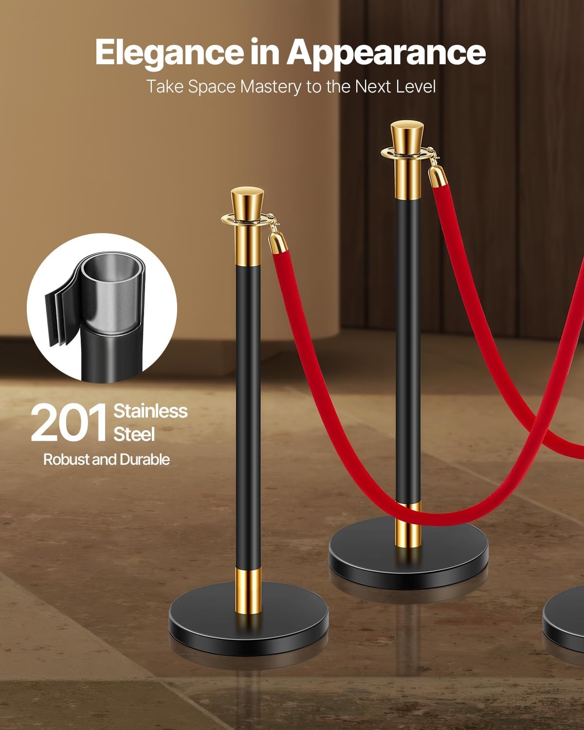 image:imageVEVOR Crowd Control Stanchion Set of 2 Pieces Stanchion Set Stanchion Set with 5 ft15 m Black Velvet Rope Silver Crowd Control Barrier wSturdy Concrete and Metal Base Easy Connect AssemblyRed Rope