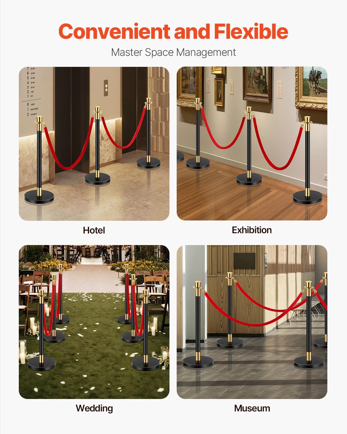 image:imageVEVOR Crowd Control Stanchion Set of 2 Pieces Stanchion Set Stanchion Set with 5 ft15 m Black Velvet Rope Silver Crowd Control Barrier wSturdy Concrete and Metal Base Easy Connect AssemblyRed Rope