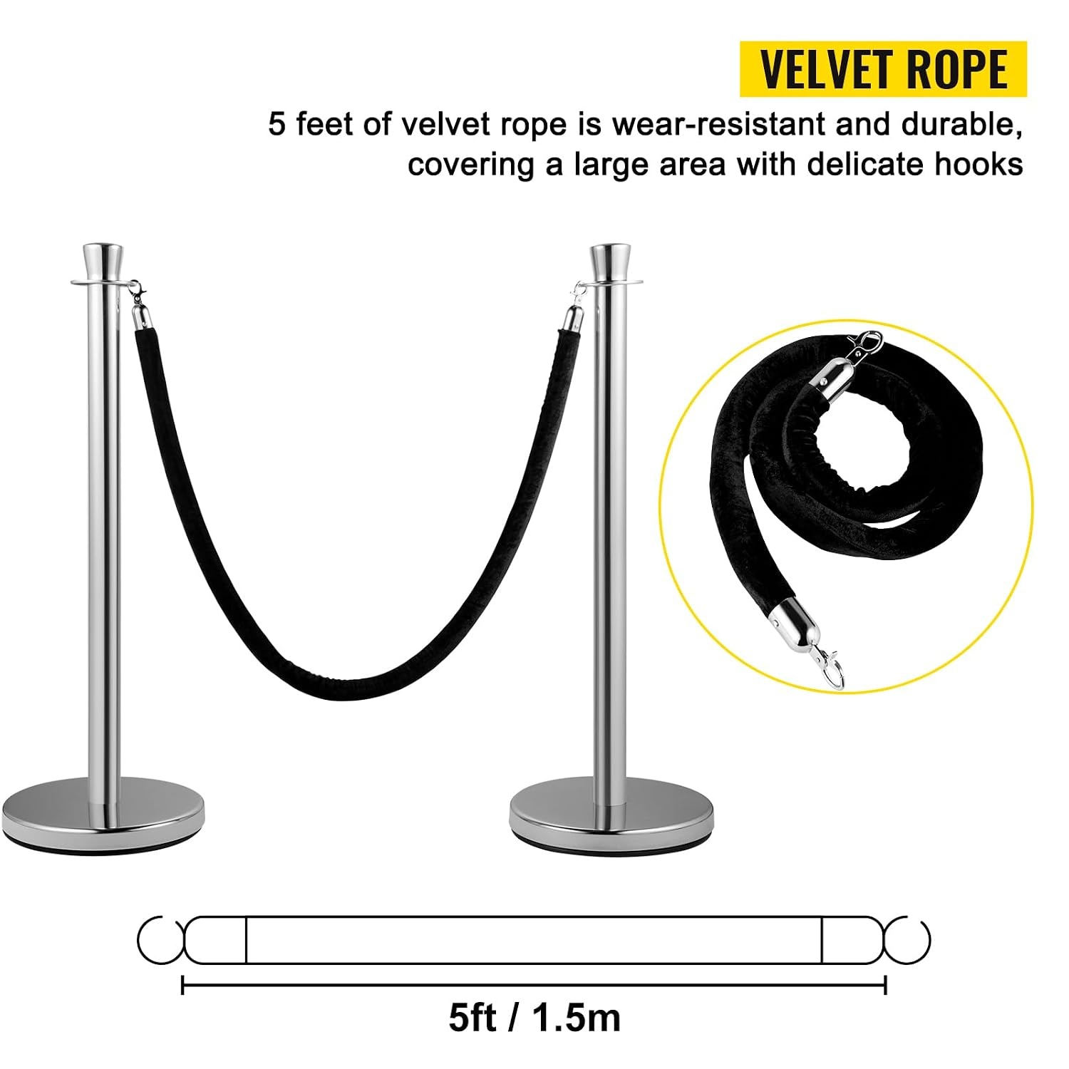 image:imageVEVOR Crowd Control Stanchion Set of 2 Pieces Stanchion Set Stanchion Set with 5 ft15 m Black Velvet Rope Silver Crowd Control Barrier wSturdy Concrete and Metal Base Easy Connect AssemblyBlack Rope