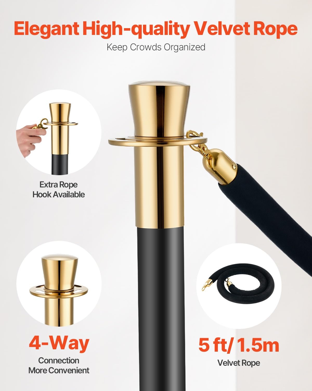 image:imageVEVOR Crowd Control Stanchion Set of 2 Pieces Stanchion Set Stanchion Set with 5 ft15 m Black Velvet Rope Silver Crowd Control Barrier wSturdy Concrete and Metal Base Easy Connect AssemblyBlack Rope