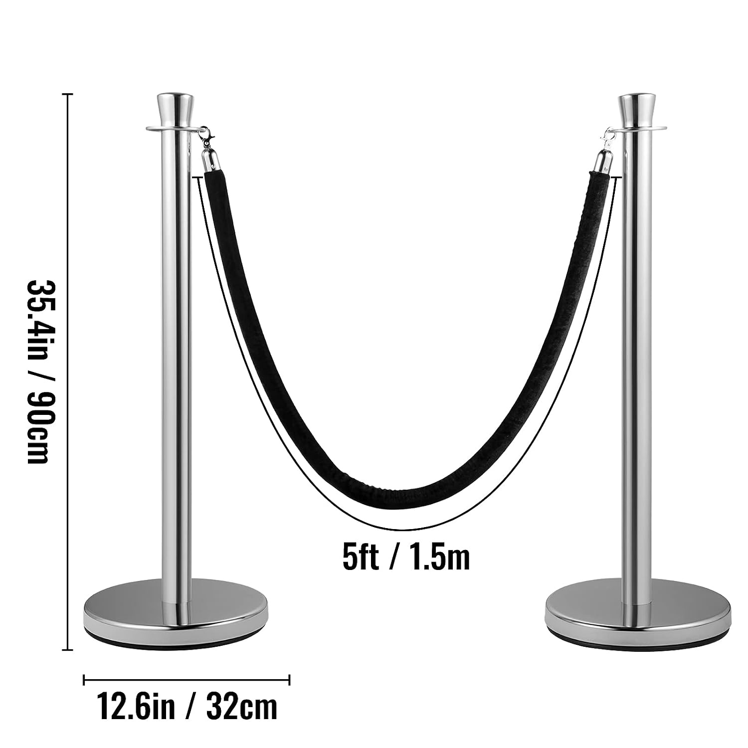 image:imageVEVOR Crowd Control Stanchion Set of 2 Pieces Stanchion Set Stanchion Set with 5 ft15 m Black Velvet Rope Silver Crowd Control Barrier wSturdy Concrete and Metal Base Easy Connect AssemblyBlack Rope