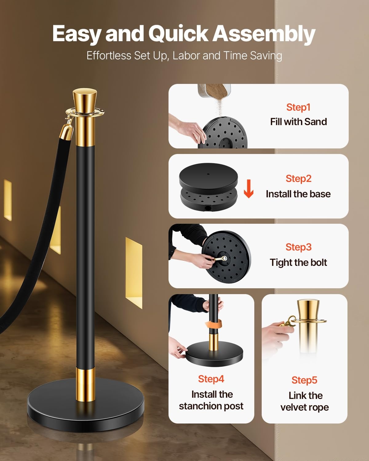 image:imageVEVOR Crowd Control Stanchion Set of 2 Pieces Stanchion Set Stanchion Set with 5 ft15 m Black Velvet Rope Silver Crowd Control Barrier wSturdy Concrete and Metal Base Easy Connect AssemblyBlack Rope