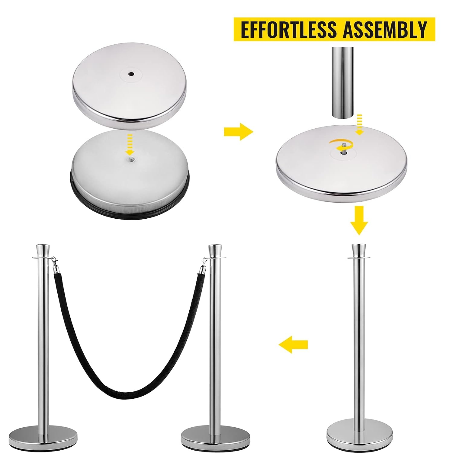 image:imageVEVOR Crowd Control Stanchion Set of 2 Pieces Stanchion Set Stanchion Set with 5 ft15 m Black Velvet Rope Silver Crowd Control Barrier wSturdy Concrete and Metal Base Easy Connect AssemblyBlack Rope