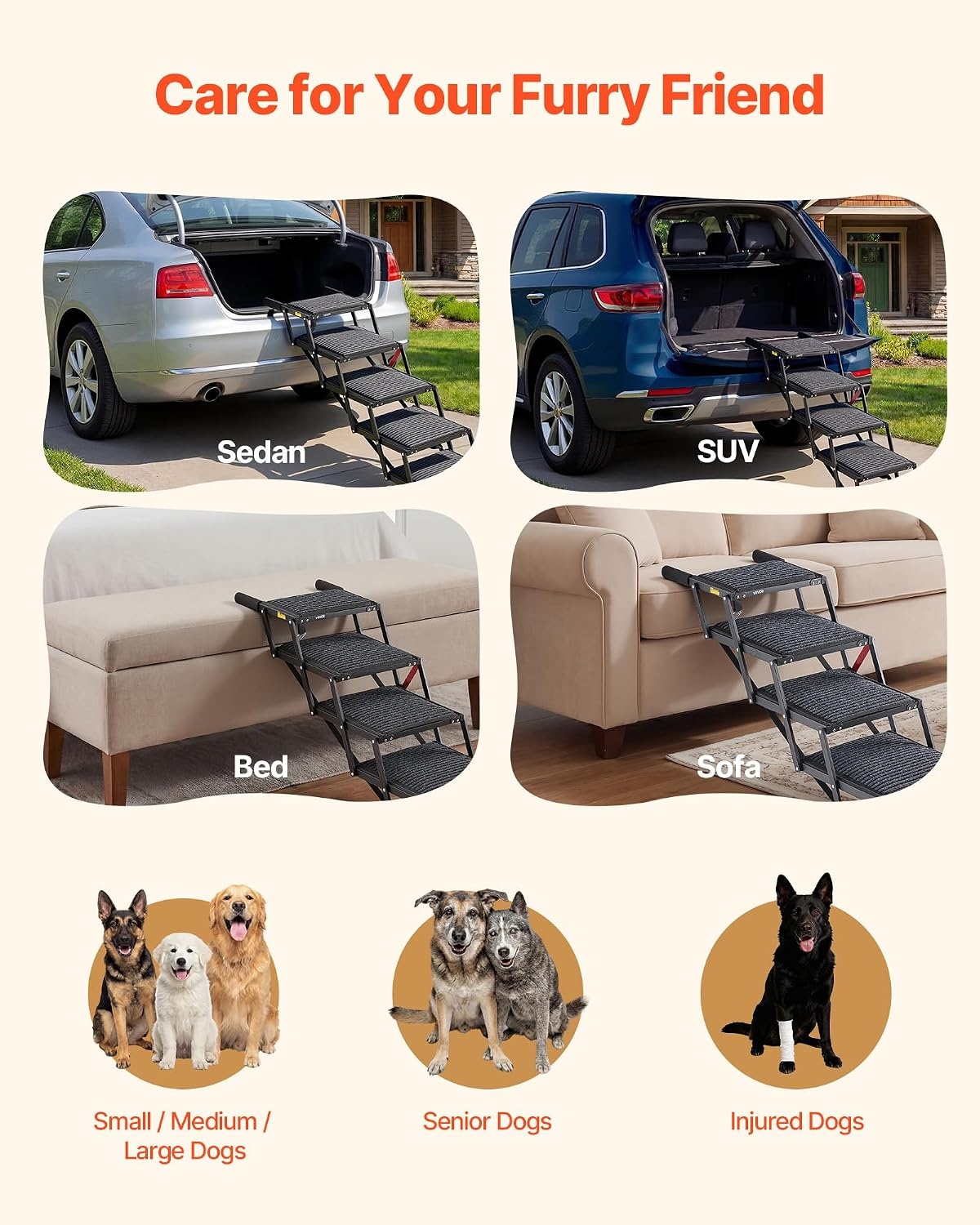 image:imageVEVOR Dog Stairs for Car 4 Steps Extra Wide Foldable Dog Ramp for Large Dogs with NonSlip Rug Surface Portable Lightweight Pet Ladder for Car SUV Truck High Beds Sofas Support up to 200 lbs5 Steps
