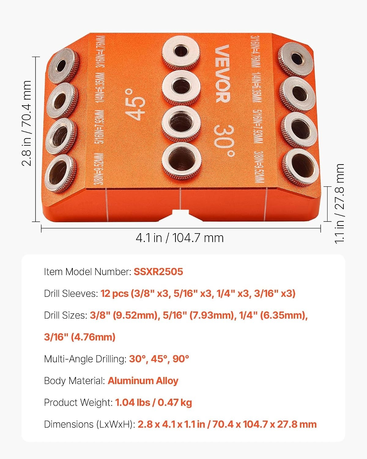 image:imageVEVOR Drill Guide 3045 90 Degree Angle 4 Sizes Portable Precision Drilling Guide Jig for Drilling Angled or Horizontal Holes Aluminum Alloy for Deck Cable Railing Wood Post Stair HandrailPro