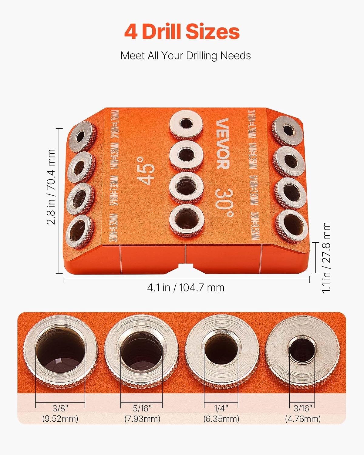 image:imageVEVOR Drill Guide 3045 90 Degree Angle 4 Sizes Portable Precision Drilling Guide Jig for Drilling Angled or Horizontal Holes Aluminum Alloy for Deck Cable Railing Wood Post Stair HandrailPro