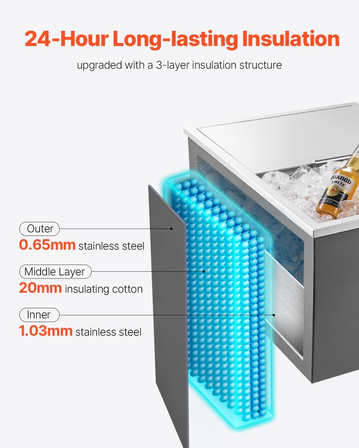 image:imageVEVOR Drop in Ice Chest Stainless Steel Drop in Cooler Commercial Ice Bin with Lid for Outdoor Kitchen Patio Bar DrainPipe Set Included Cooling Bins with Cover for Cold Wine BeerSliding Lid