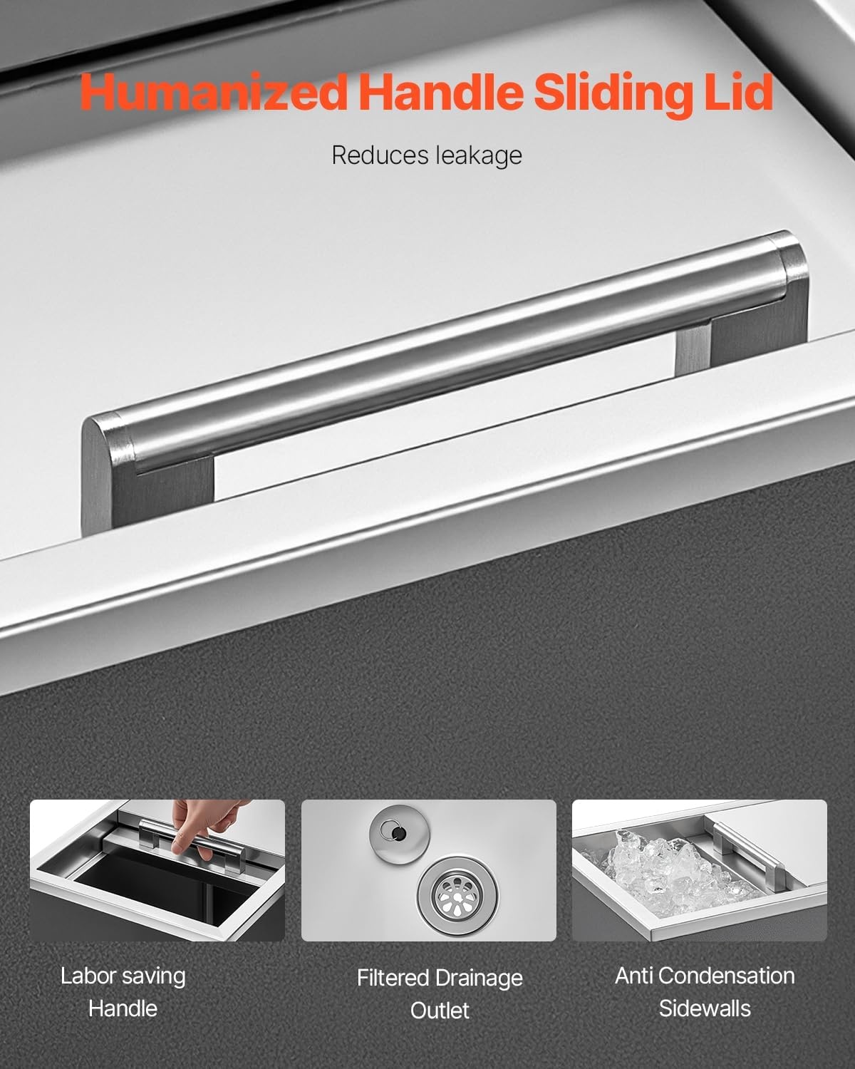 image:imageVEVOR Drop in Ice Chest Stainless Steel Drop in Cooler Commercial Ice Bin with Lid for Outdoor Kitchen Patio Bar DrainPipe Set Included Cooling Bins with Cover for Cold Wine BeerSliding Lid