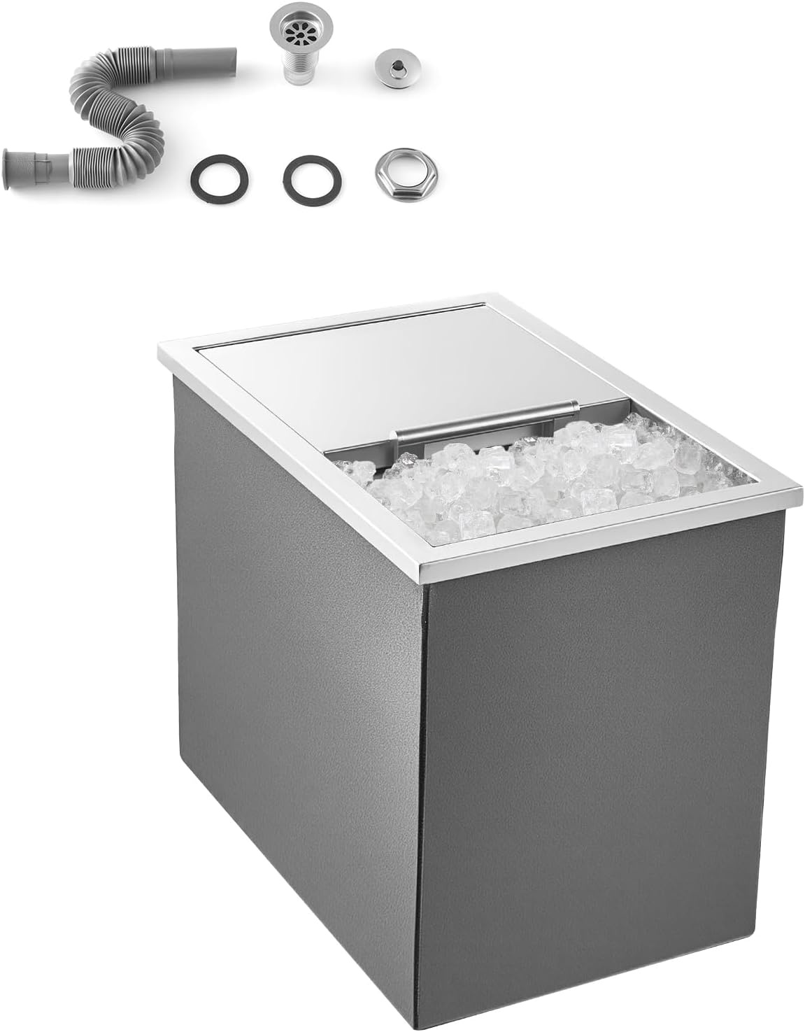 image:imageVEVOR Drop in Ice Chest Stainless Steel Drop in Cooler Commercial Ice Bin with Lid for Outdoor Kitchen Patio Bar DrainPipe Set Included Cooling Bins with Cover for Cold Wine BeerSliding Lid